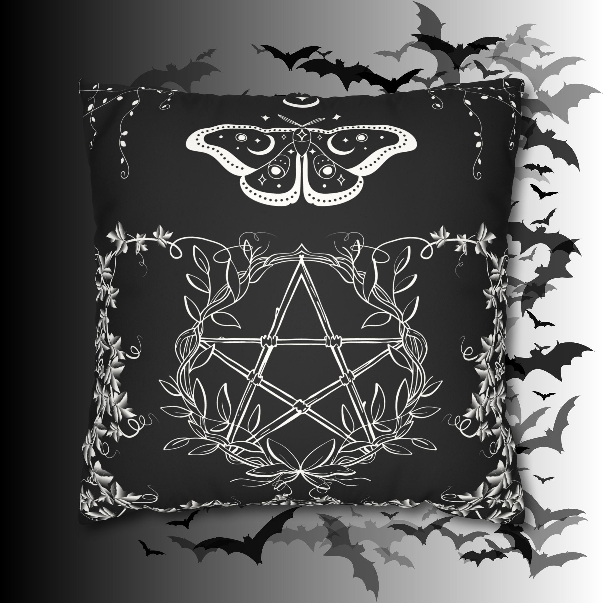 Witchy Moth Pentagram Throw Pillow — Botanical Gothic Dark Home Decor