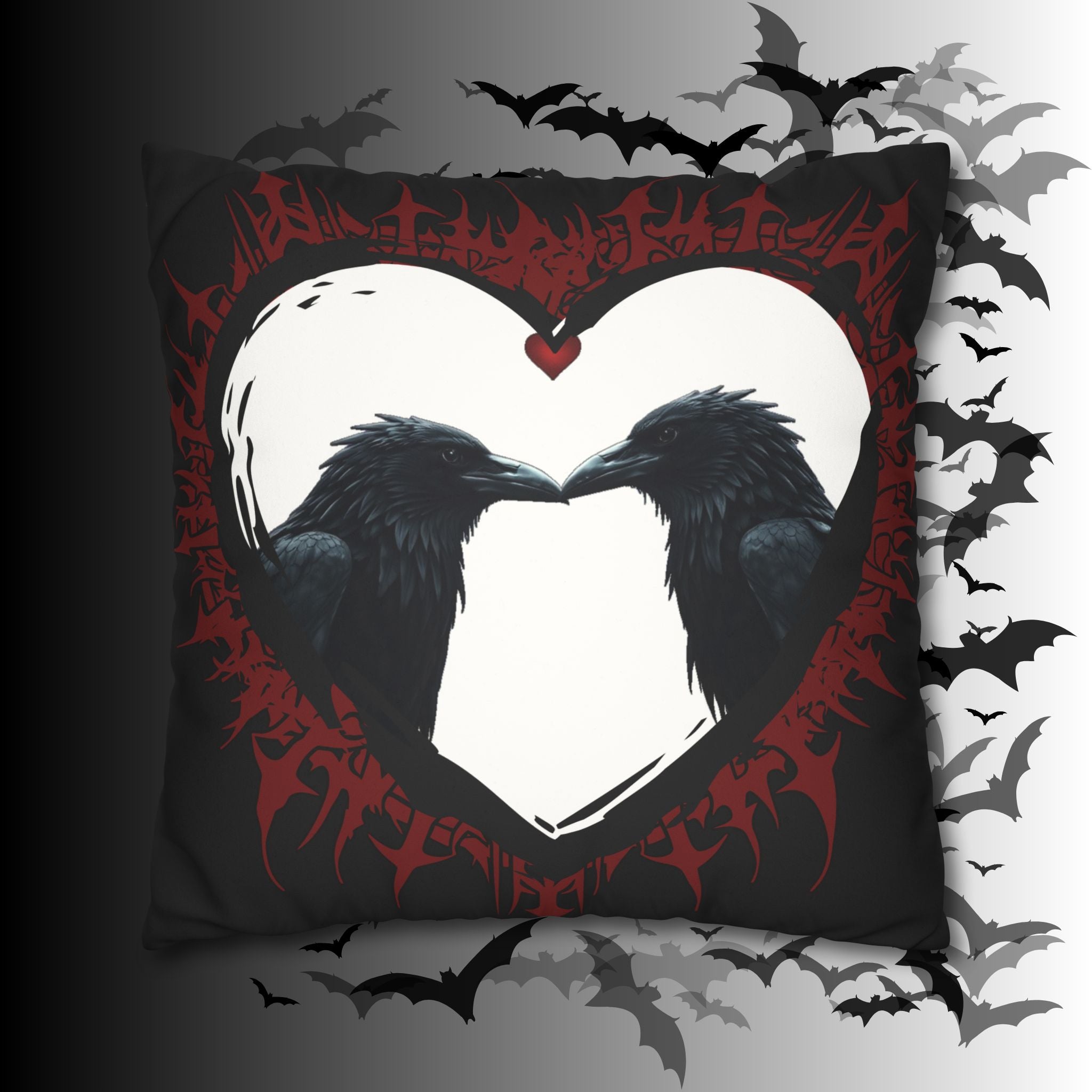 Gothic Ravens Love Heart Throw Pillow — Dark Valentine Gothic Home Decor