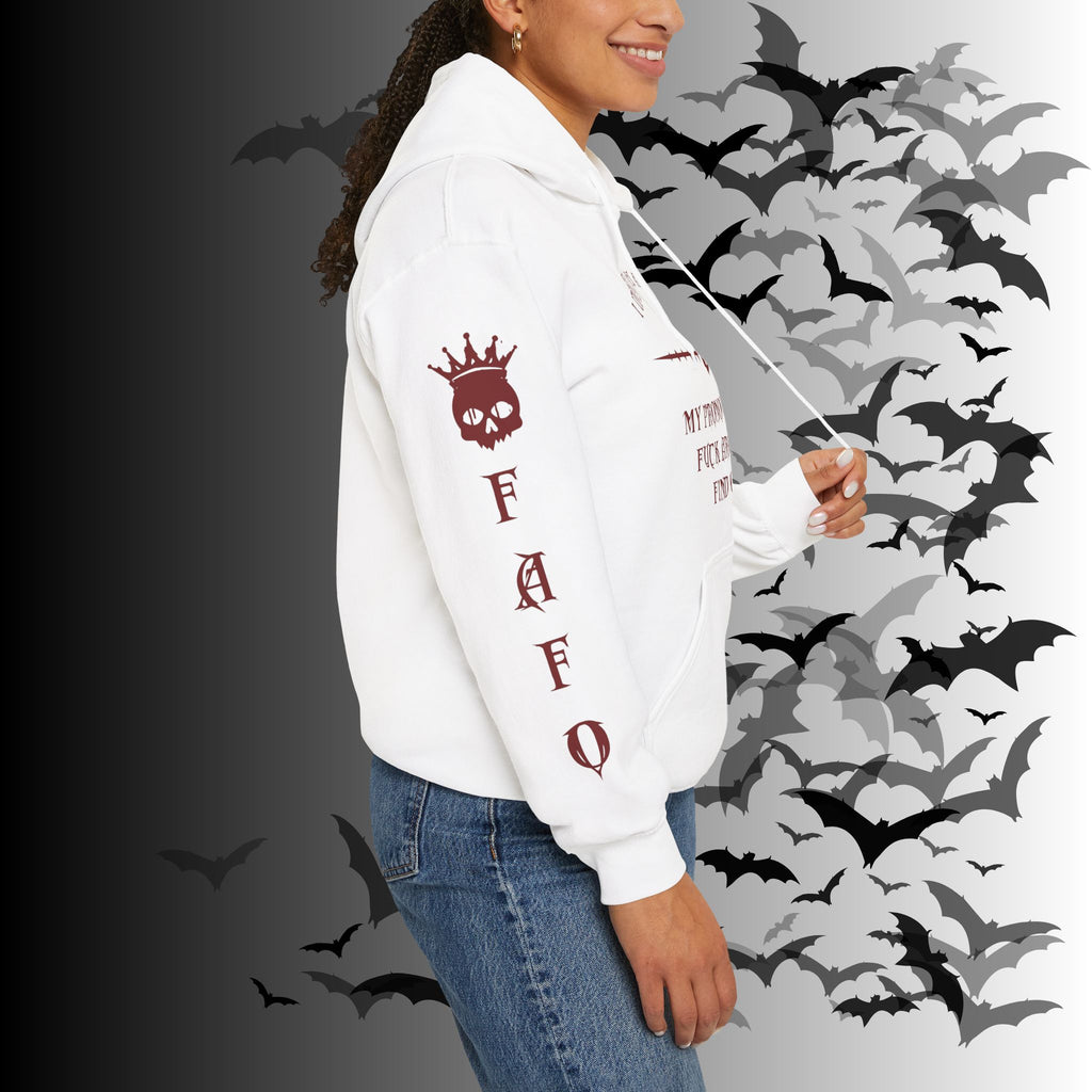 I Identify As a Threat Hoodie — Gothic Skull Sleeve Print Fuck Around Find Out