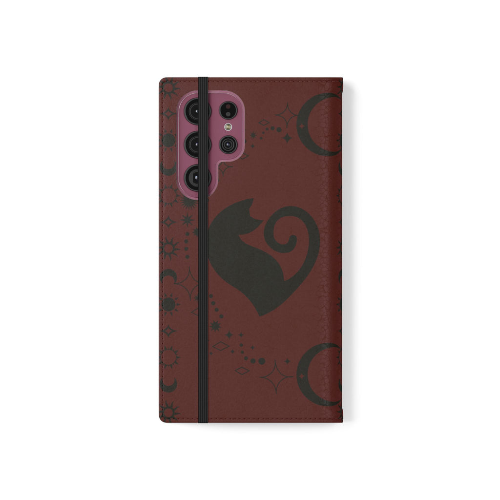 Dark Academia Celestial Black Cat Flip Wallet Case for iPhone and Samsung Galaxy Phones