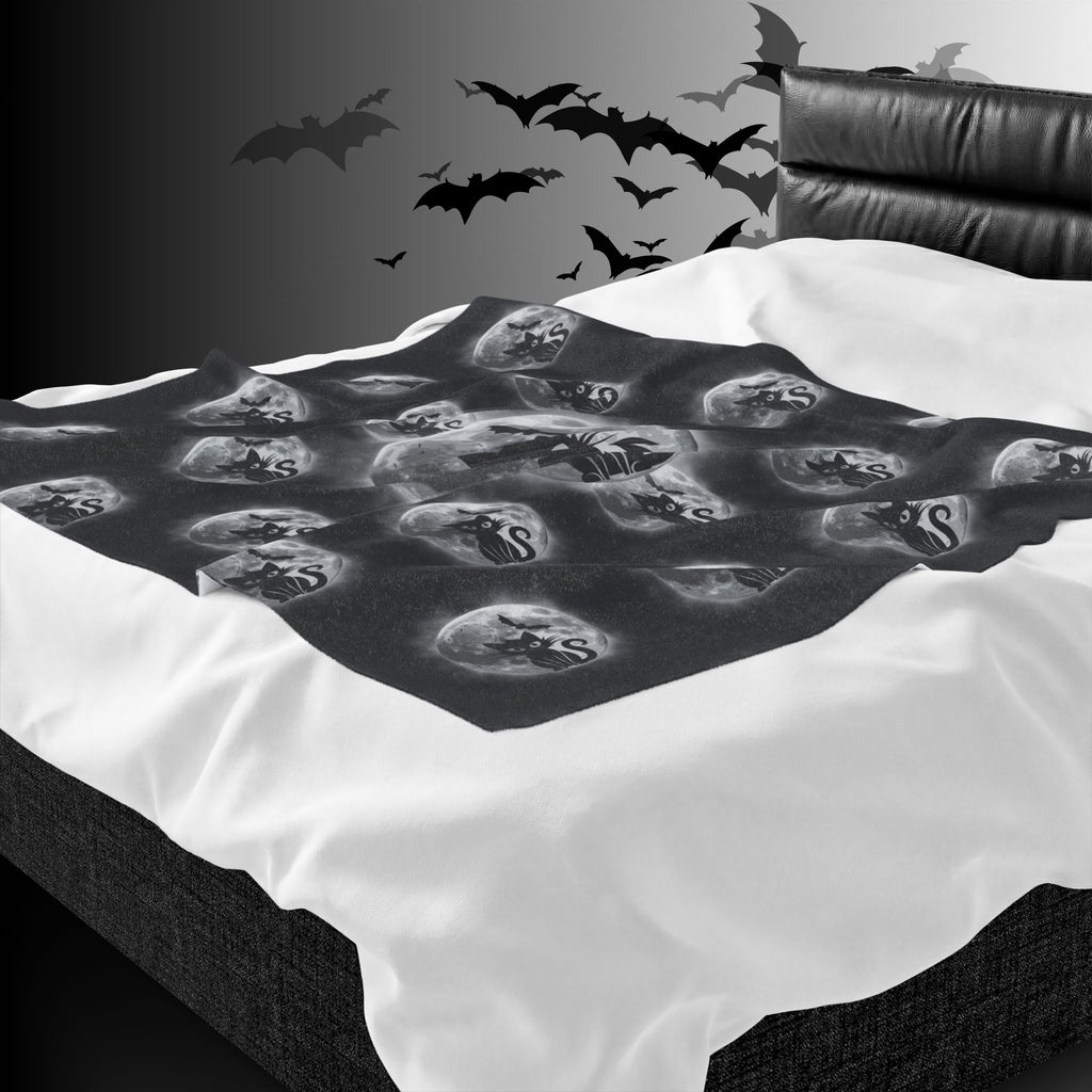 Gothic Black Cat Throw Blanket — Full Moon Bat Dark Home Decor