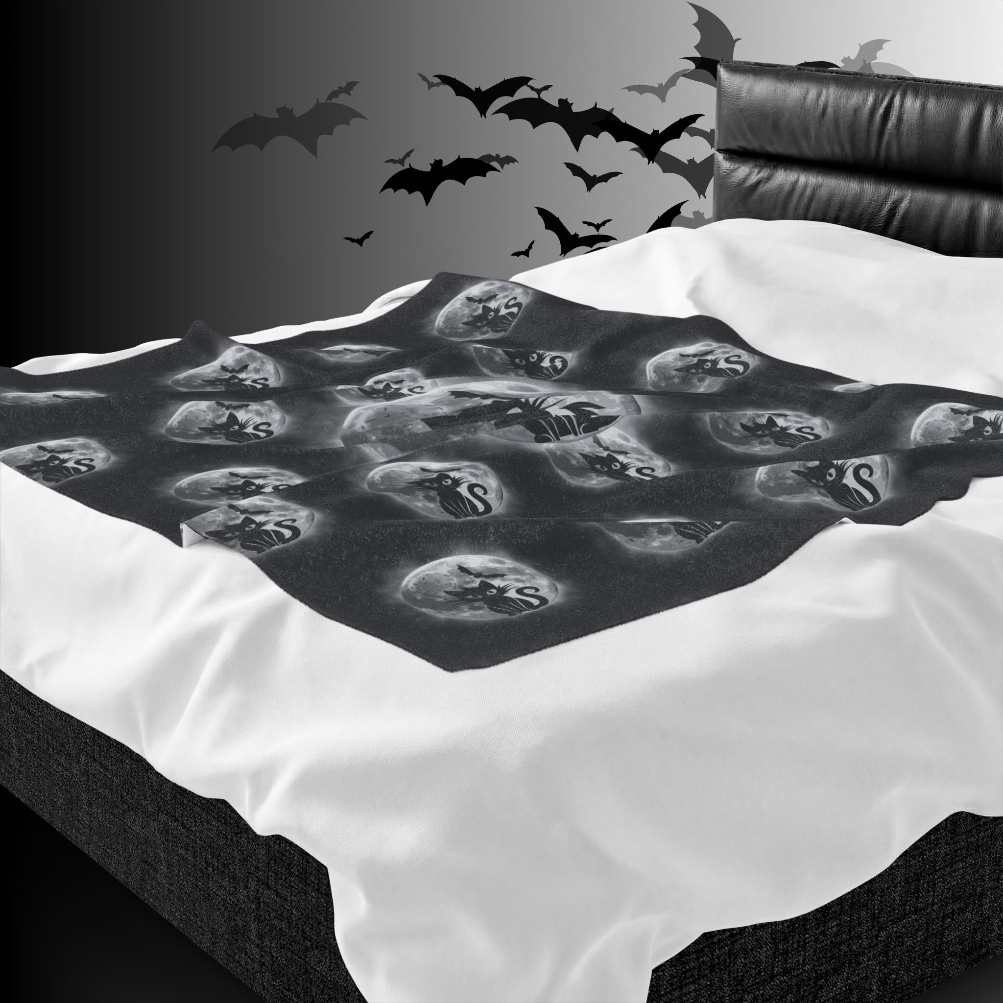 Gothic Black Cat Throw Blanket — Full Moon Bat Dark Home Decor