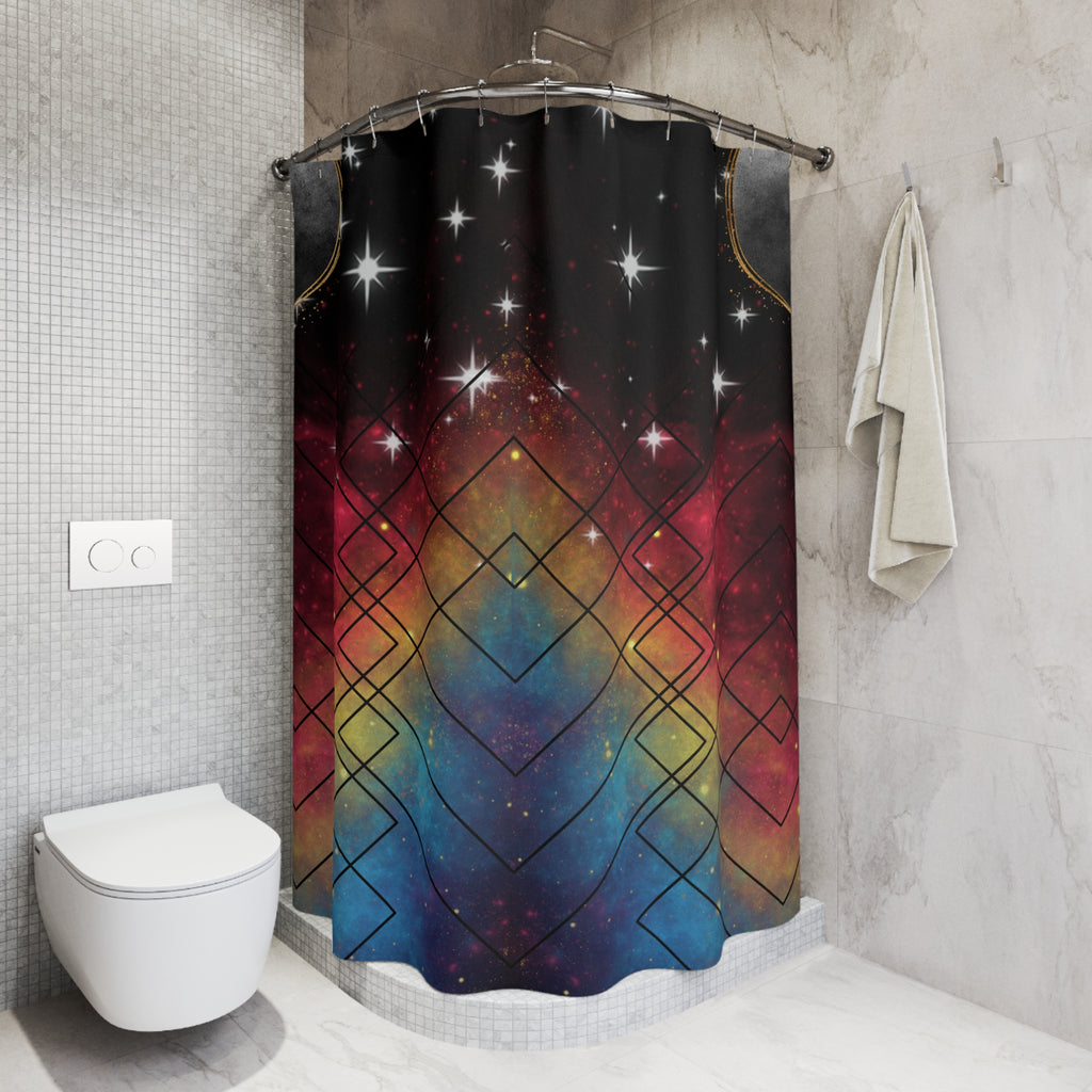 Rainbow Galaxy Geometric Shower Curtain — Colorful Space Bathroom Decor