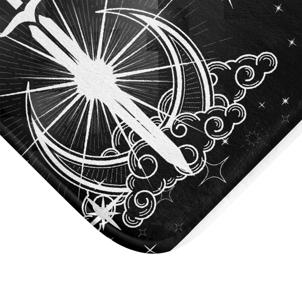 Gothic Celestial Sword Crescent Moon Bath Mat — Starry Night Bathroom Decor