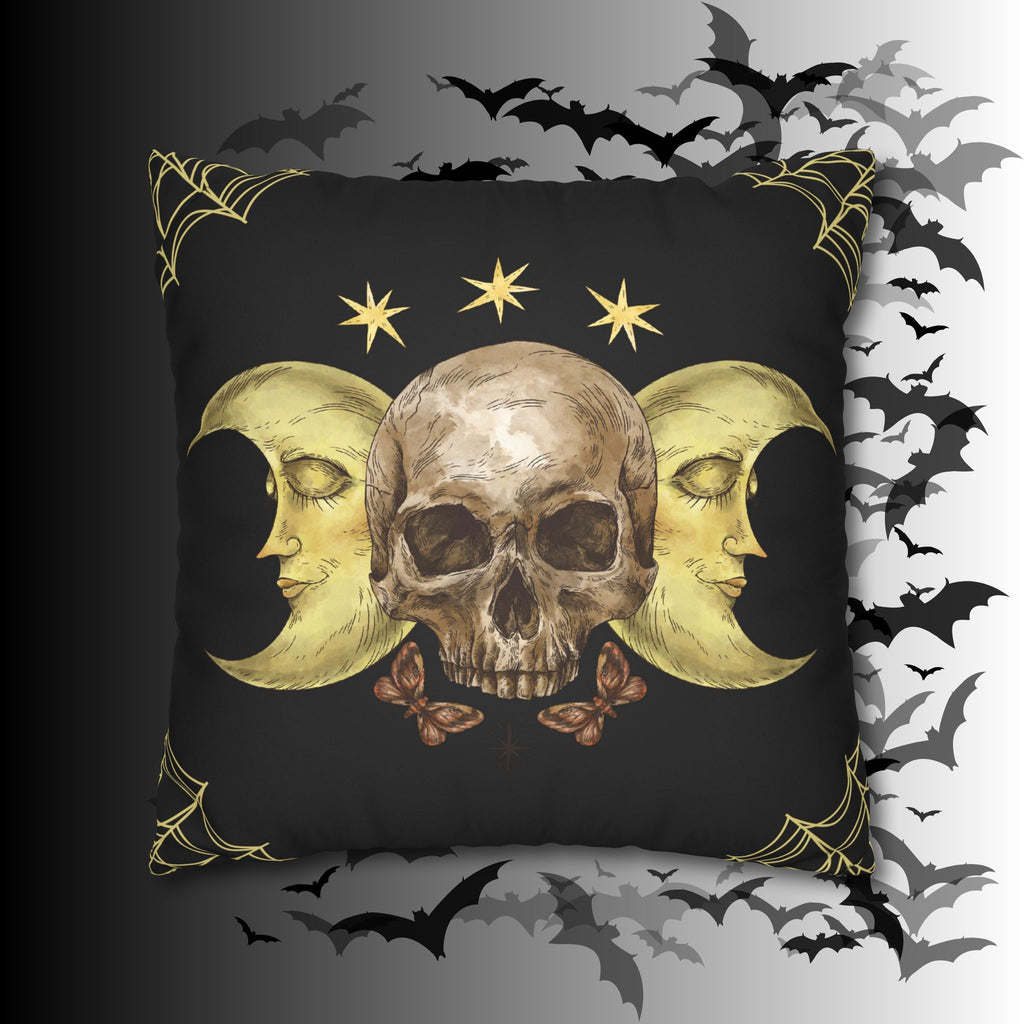 Gothic Moon Skull Throw Pillow — Celestial Dark Home Decor