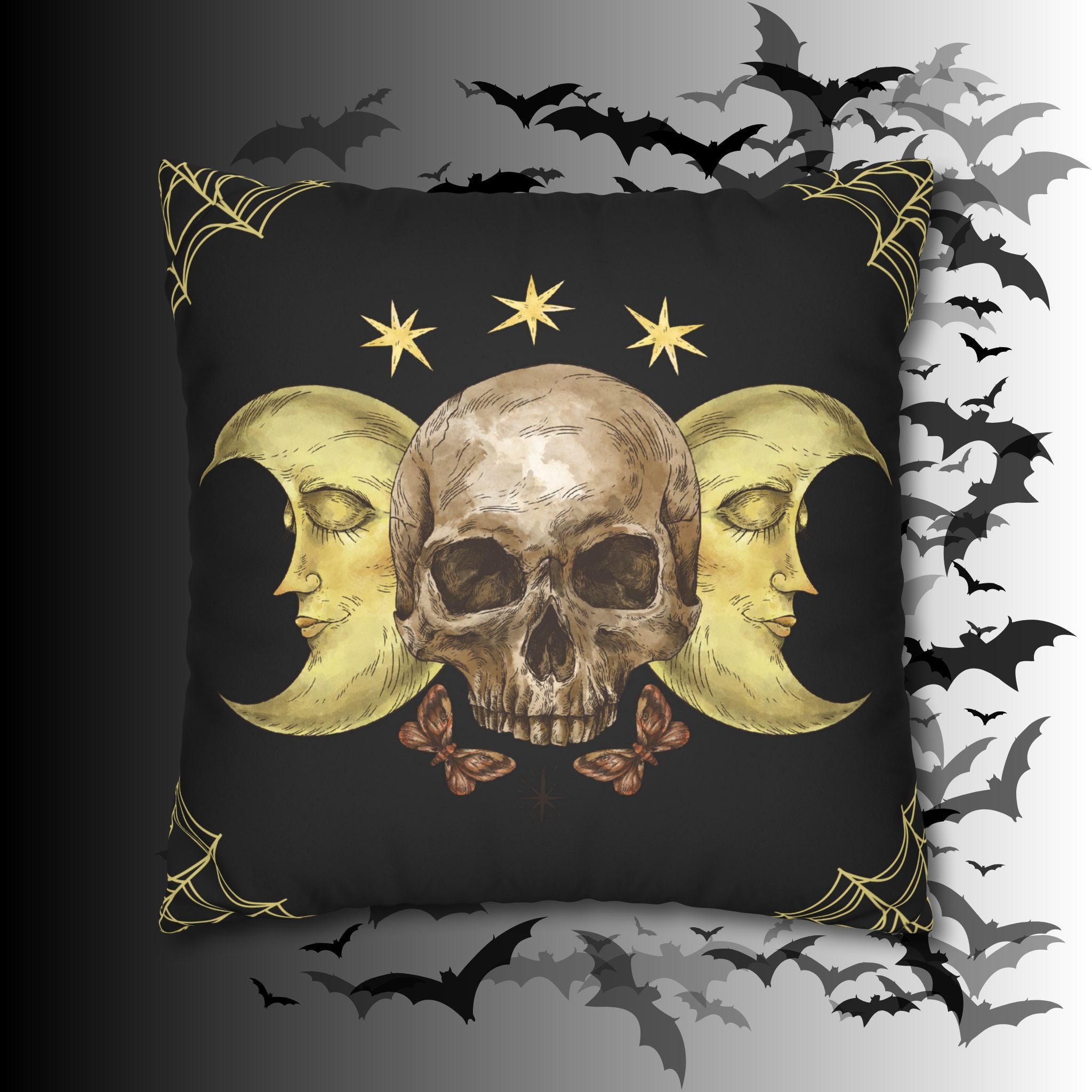 Gothic Moon Skull Throw Pillow — Celestial Dark Home Decor