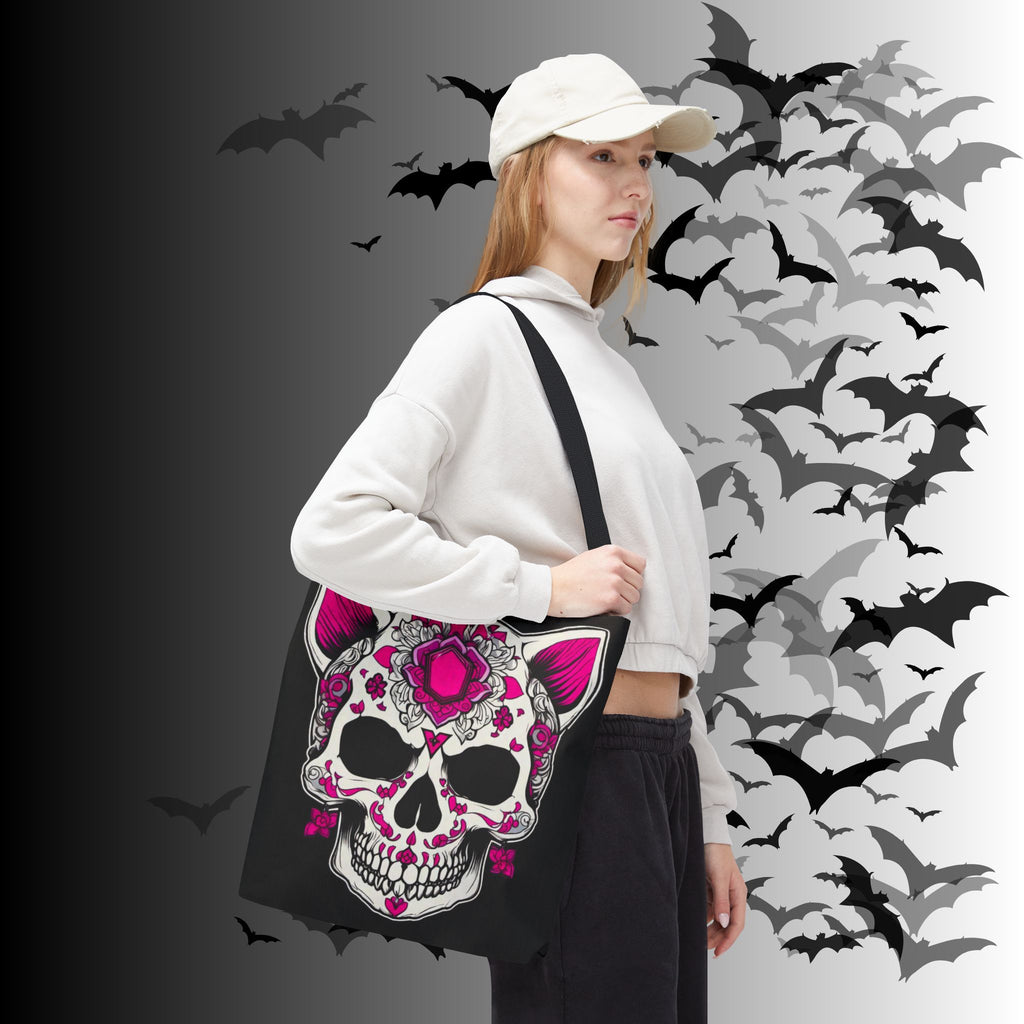 Pink Sugar Skull Cat Tote Bag — Day of the Dead Floral Design