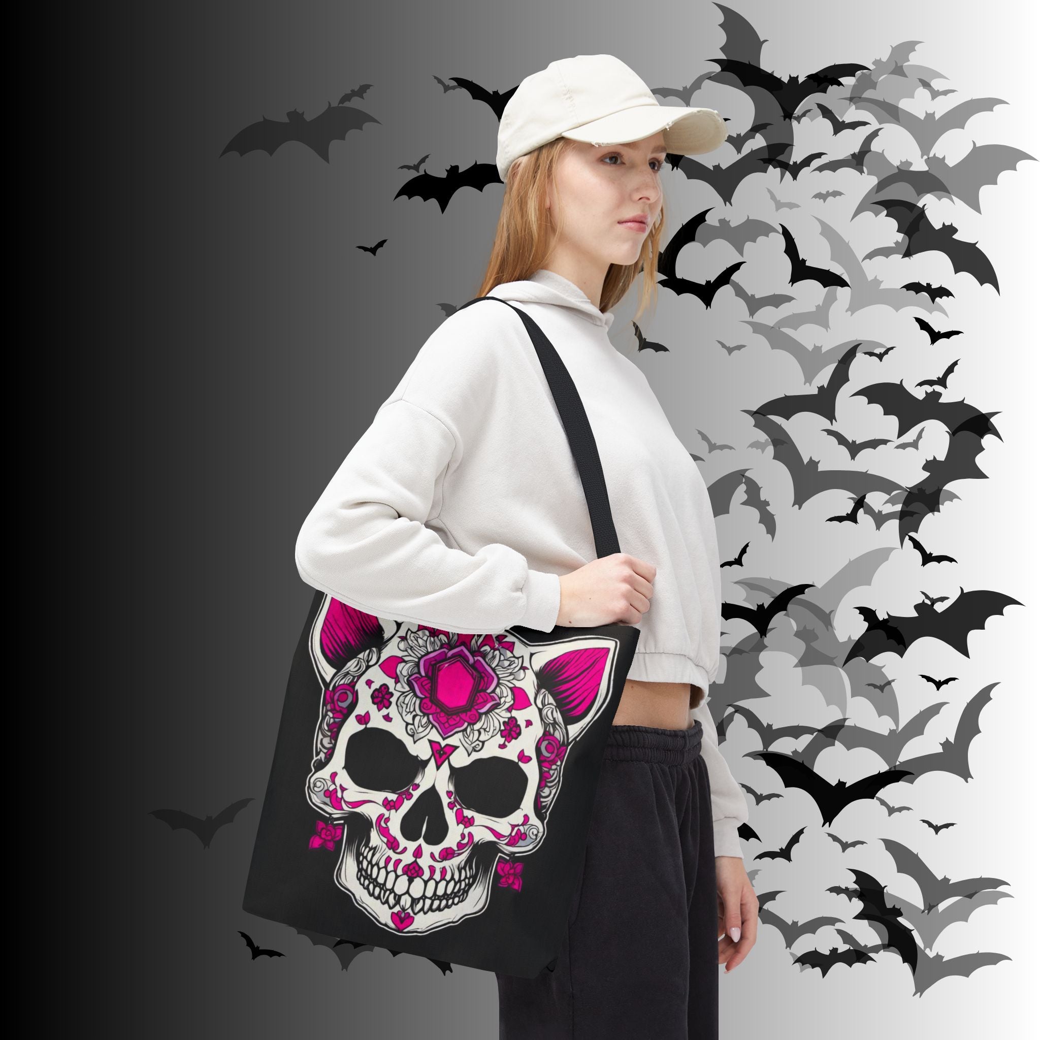 Pink Sugar Skull Cat Tote Bag — Day of the Dead Floral Design
