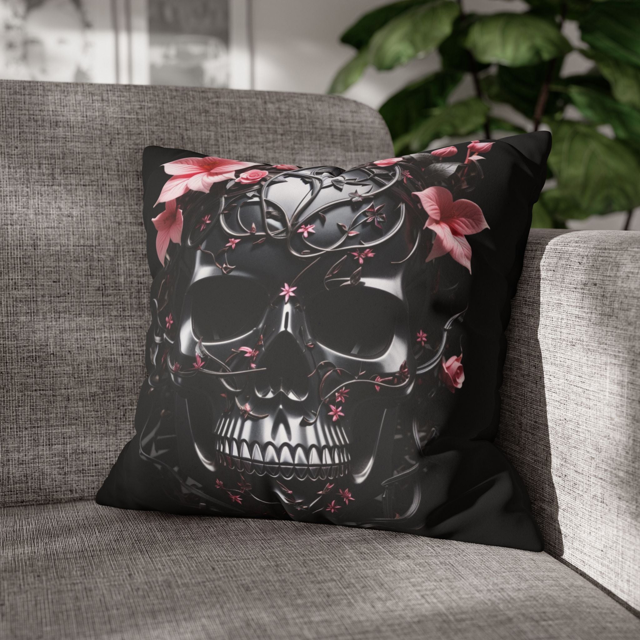Gothic Botanical Skull Throw Pillow — Dark Floral Pastel Goth Home Decor