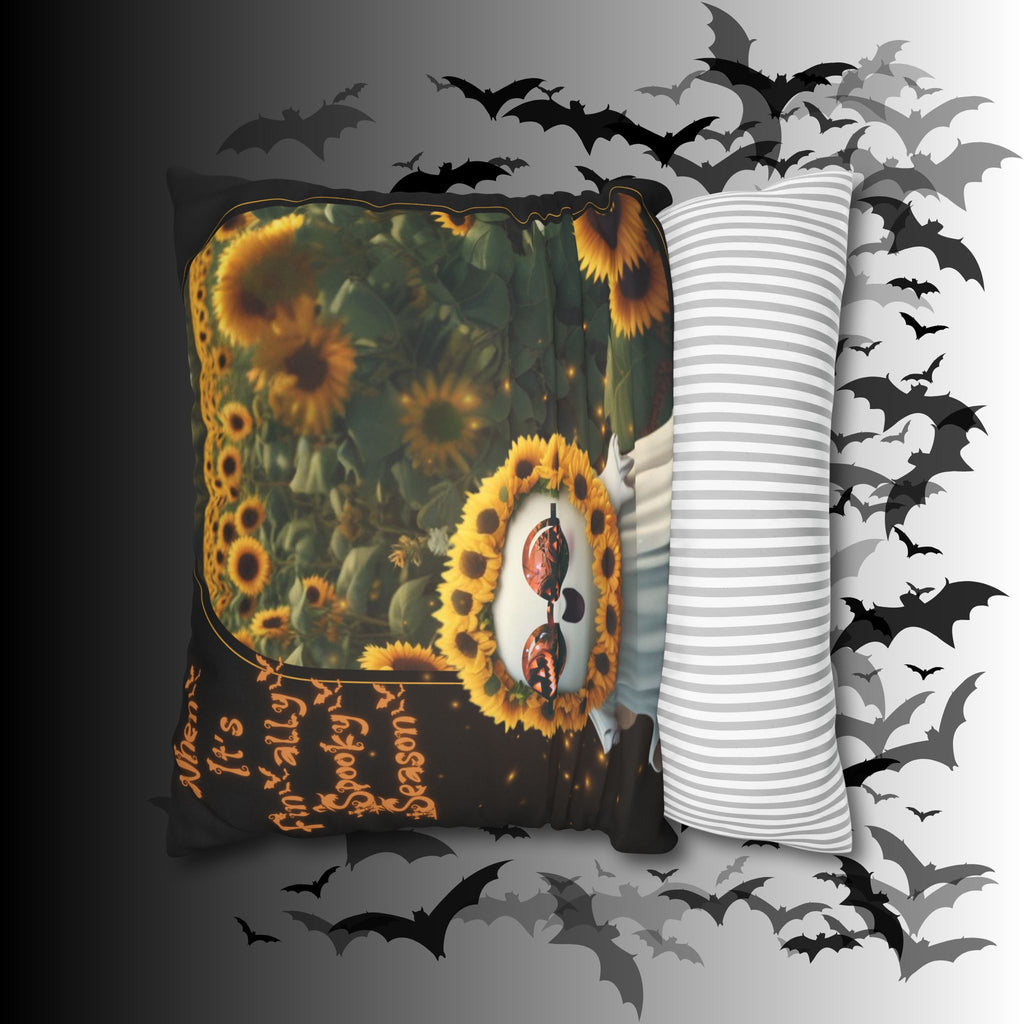 Spooky Season Ghost Sunflower Throw Pillow — Halloween Dark Home Decor