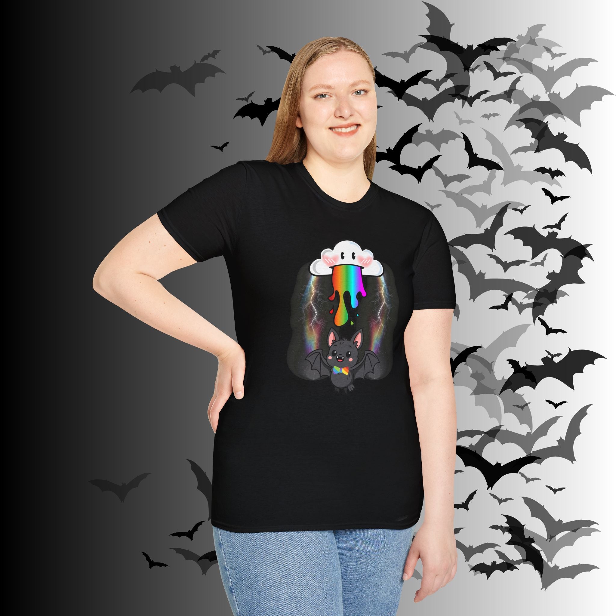 Rainbow Vomit Cloud Bat T-Shirt — Kawaii Goth Pride Unisex Tee