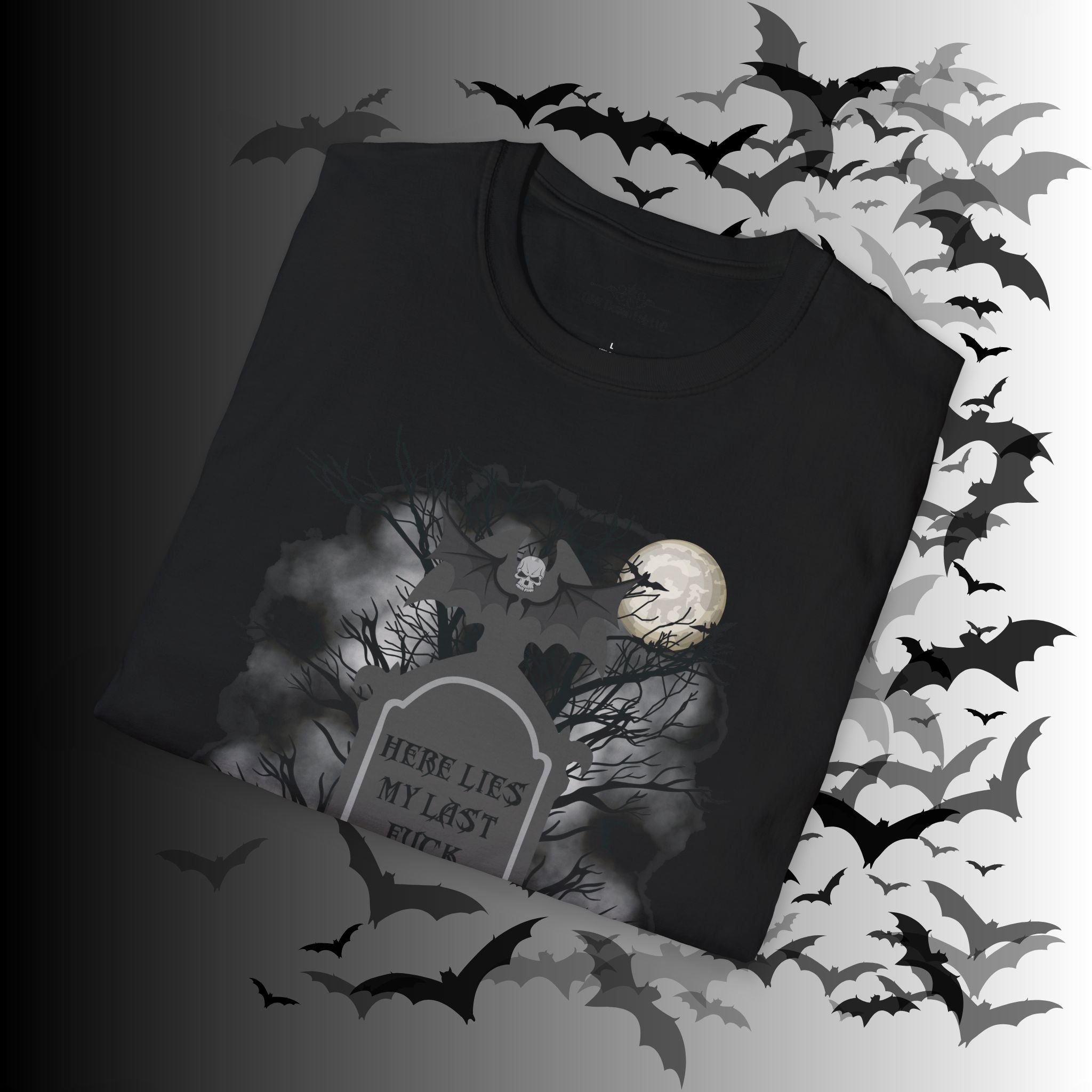 "Here Lies My Last F*ck" Gothic Gravestone T-Shirt — Spooky Humor Tee