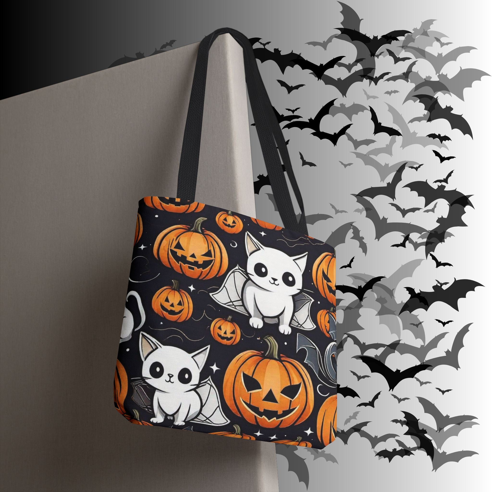 Kawaii Bat Cat Halloween Tote Bag — Spooky Pumpkin Pattern