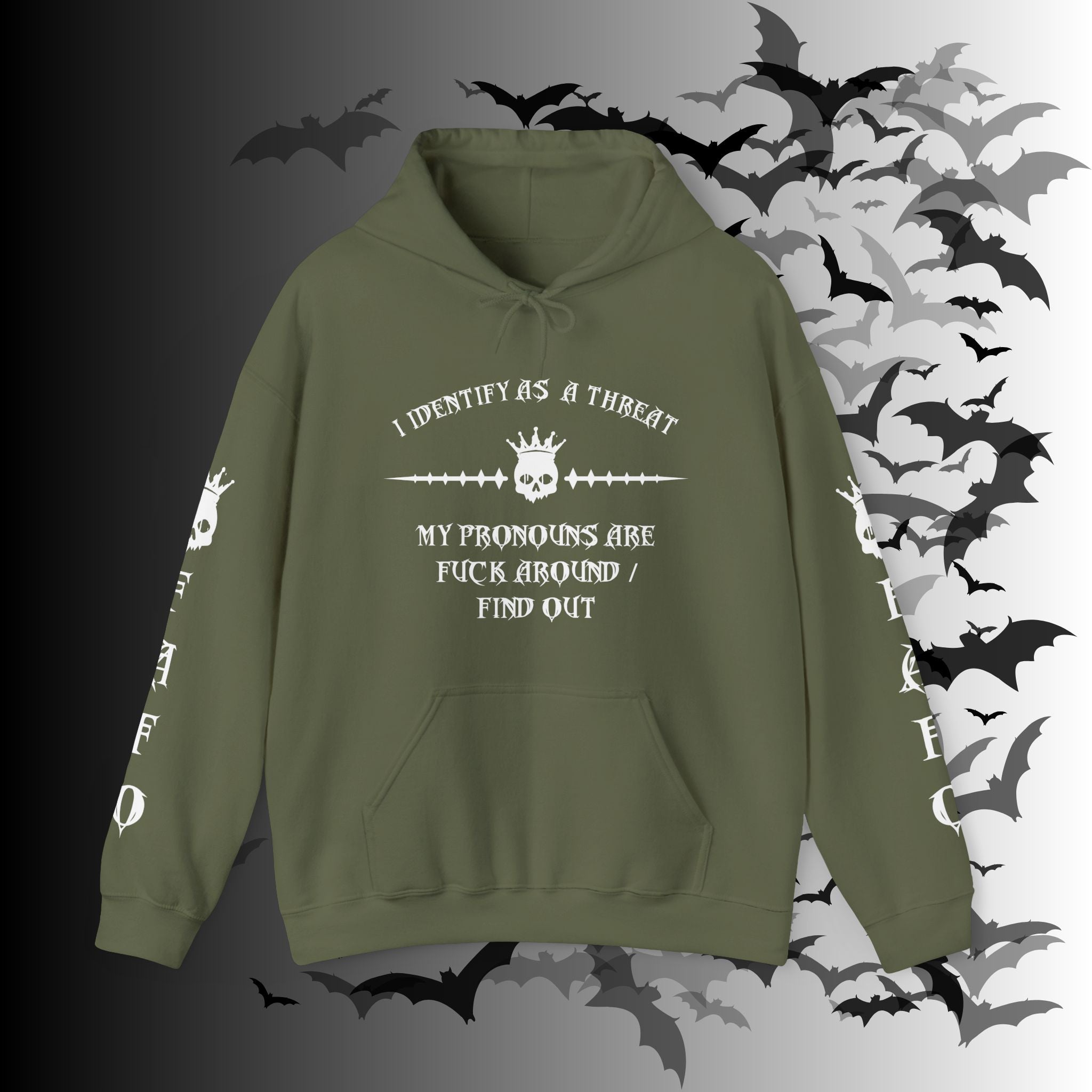 I Identify As a Threat Hoodie — Gothic Skull Sleeve Print FAFO Black