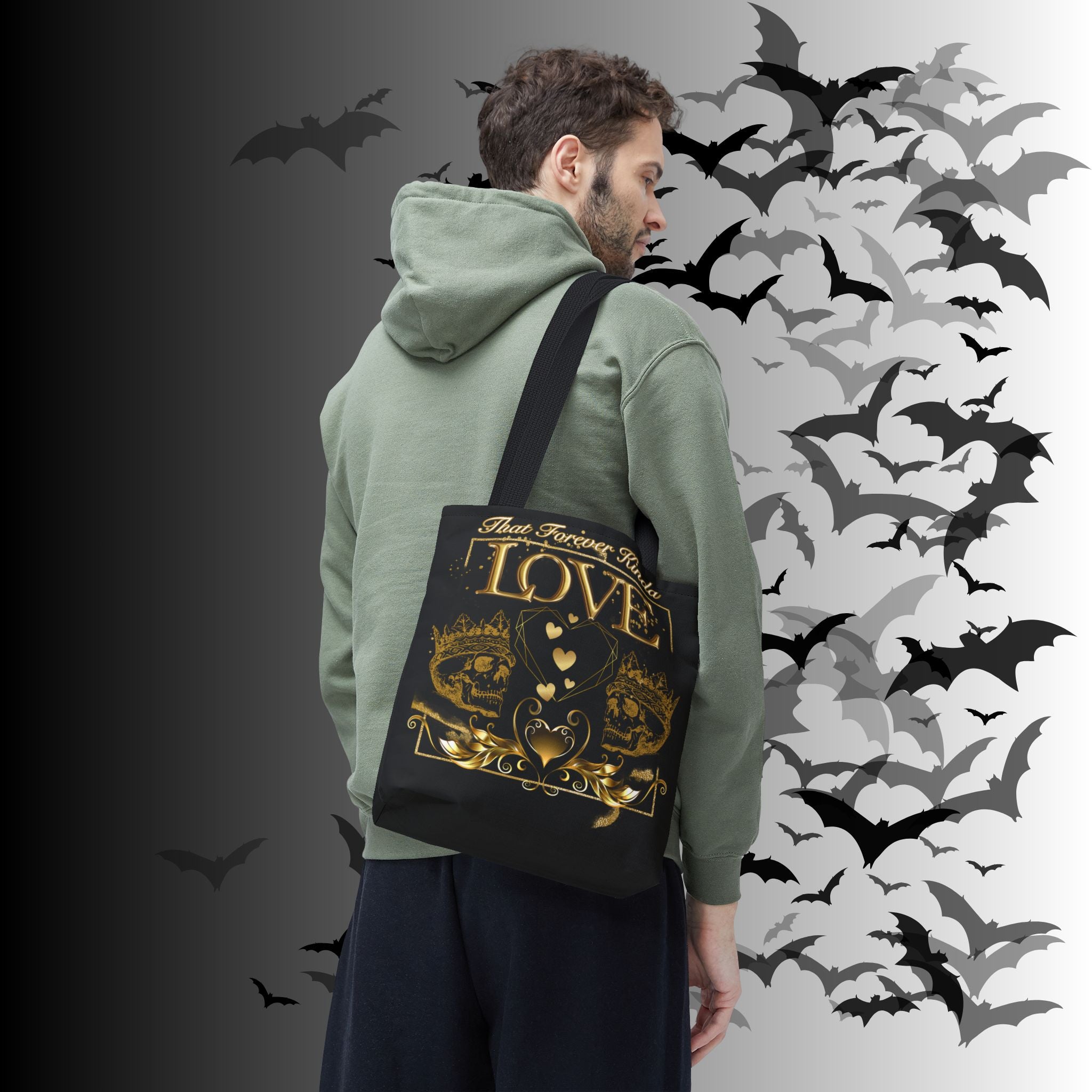 "That Forever Kinda Love" Gothic Skull Crown Tote Bag — Dark Romance Gold Print