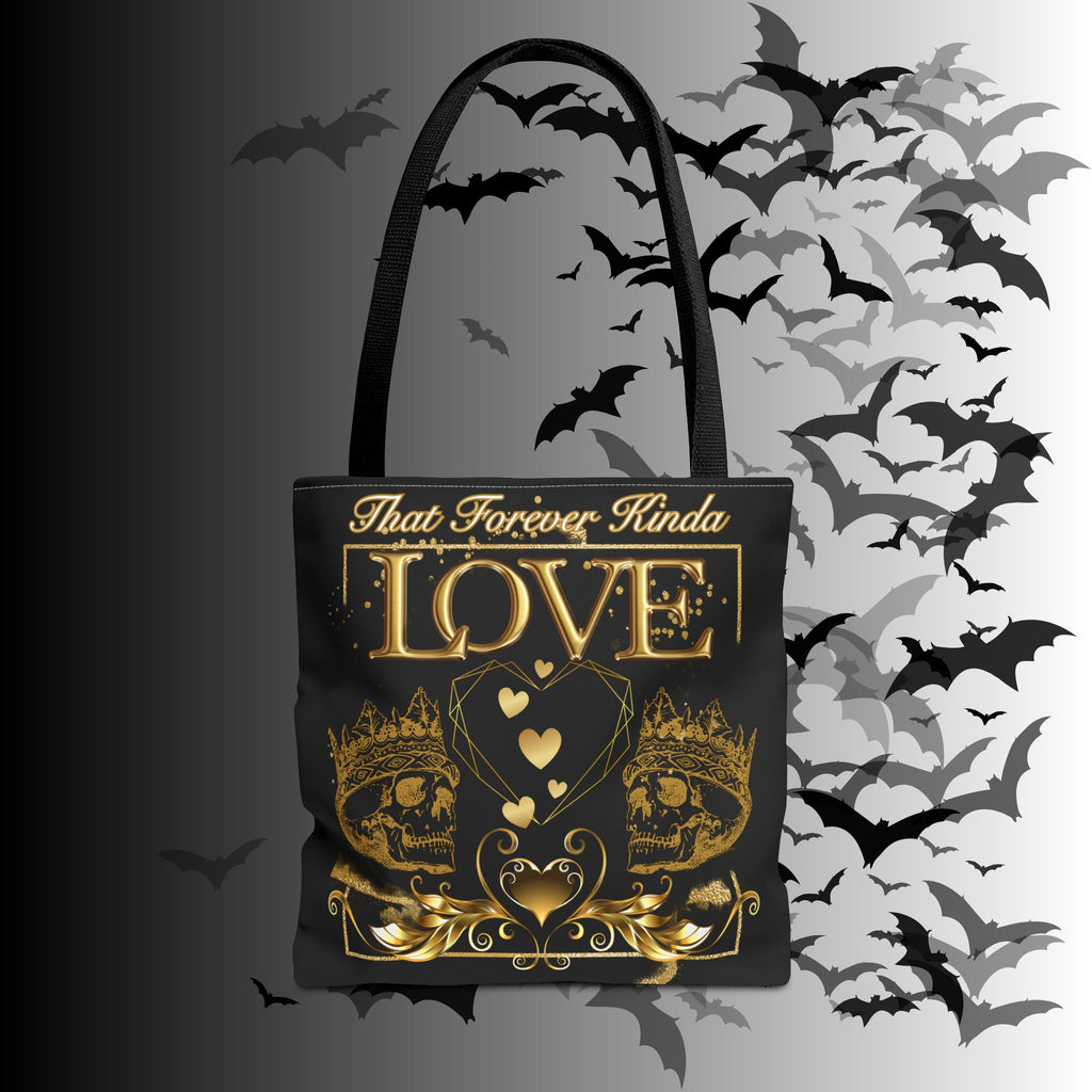 "That Forever Kinda Love" Gothic Skull Crown Tote Bag — Dark Romance Gold Print