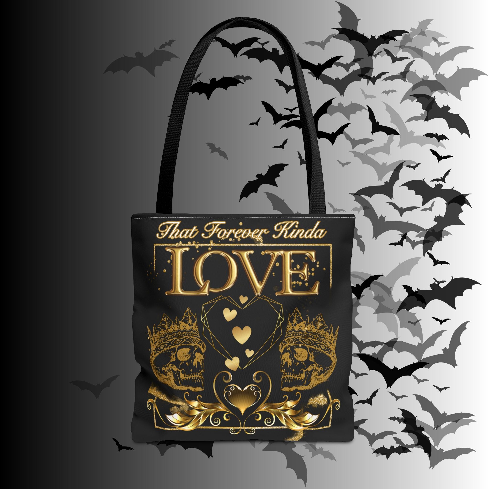 "That Forever Kinda Love" Gothic Skull Crown Tote Bag — Dark Romance Gold Print