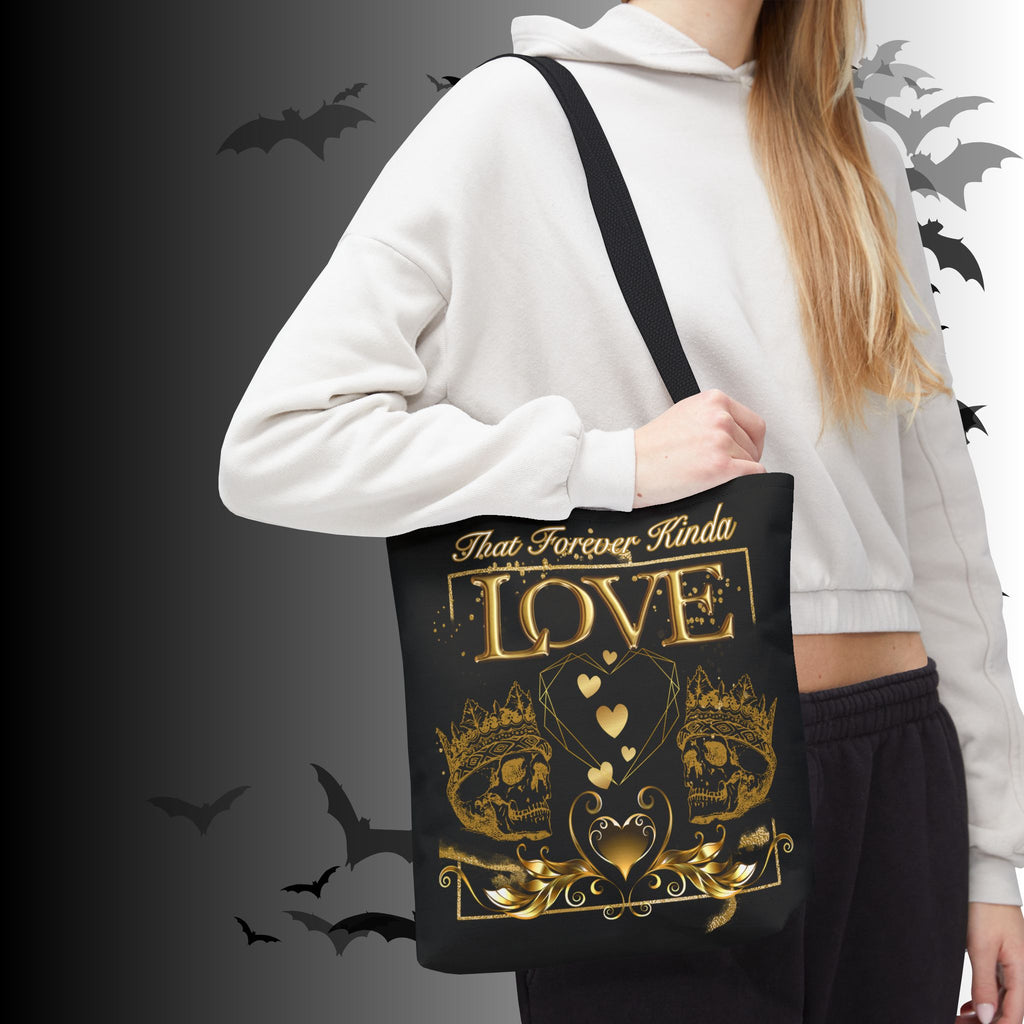 "That Forever Kinda Love" Gothic Skull Crown Tote Bag — Dark Romance Gold Print
