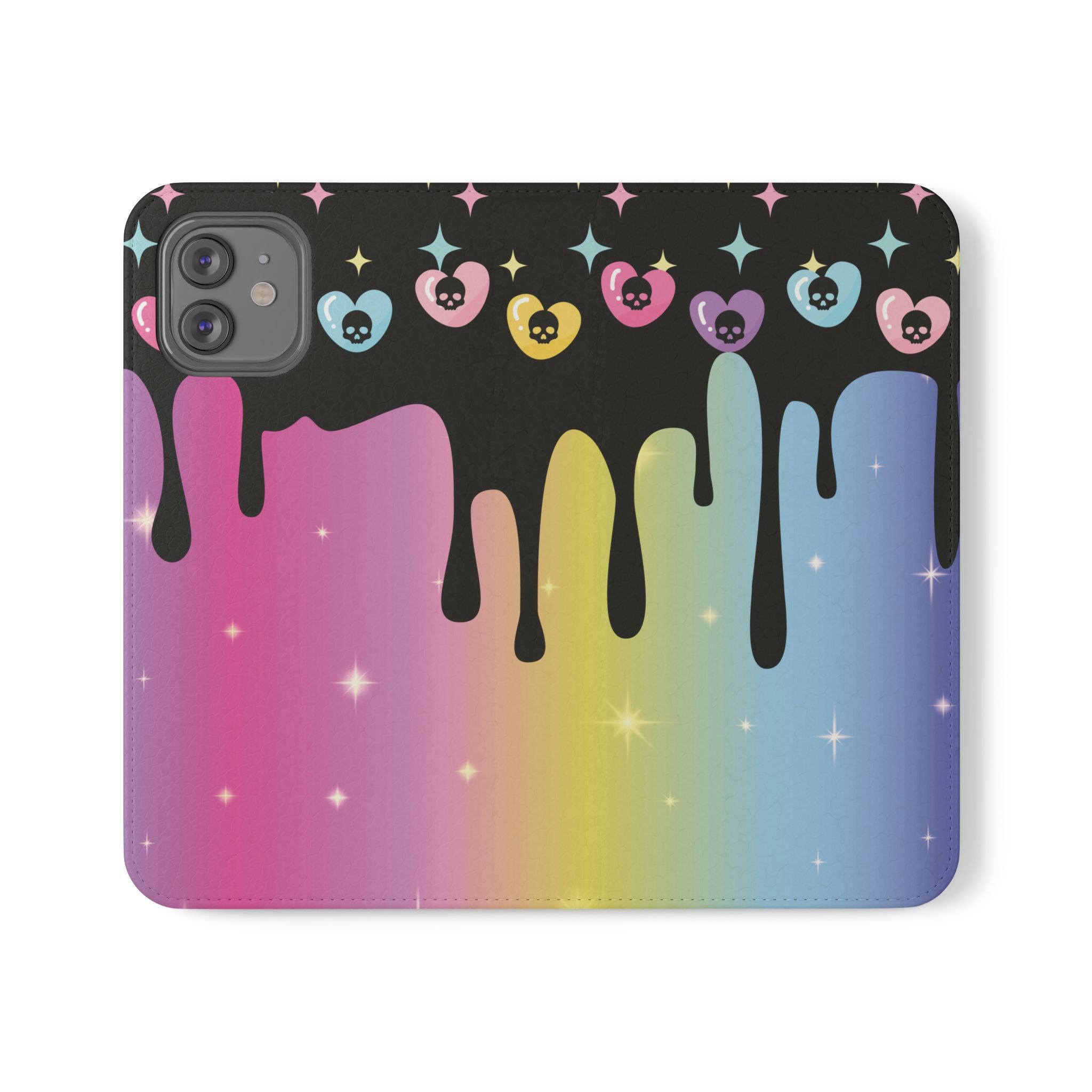 Pastel Goth Drippy Rainbow Skulls Flip Wallet Phone Case - Wallet Case for Samsung and iPhone - Gothic Style Wallet Phone Cases