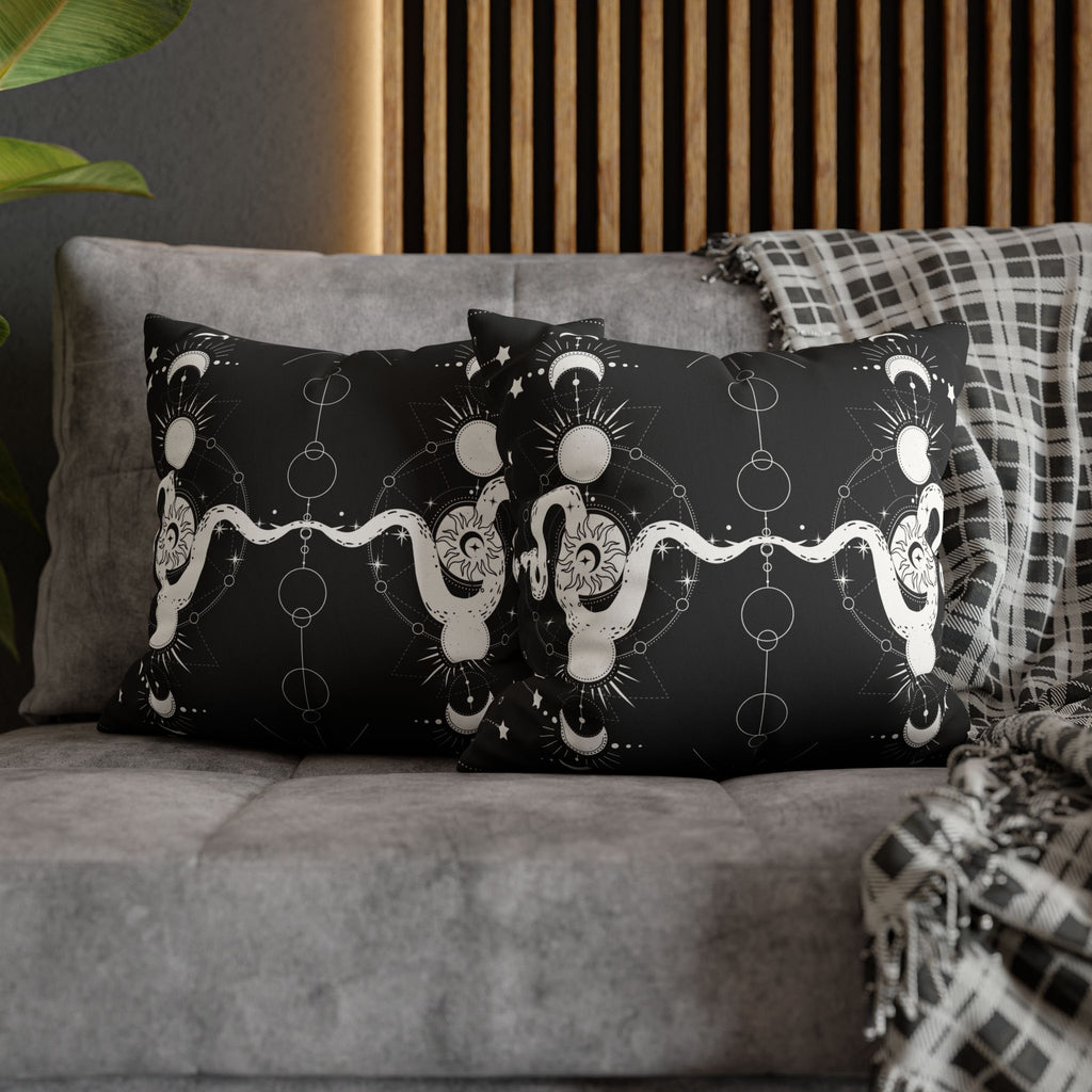Celestial Snake Moon Phases Throw Pillow — Witchy Gothic Dark Home Decor