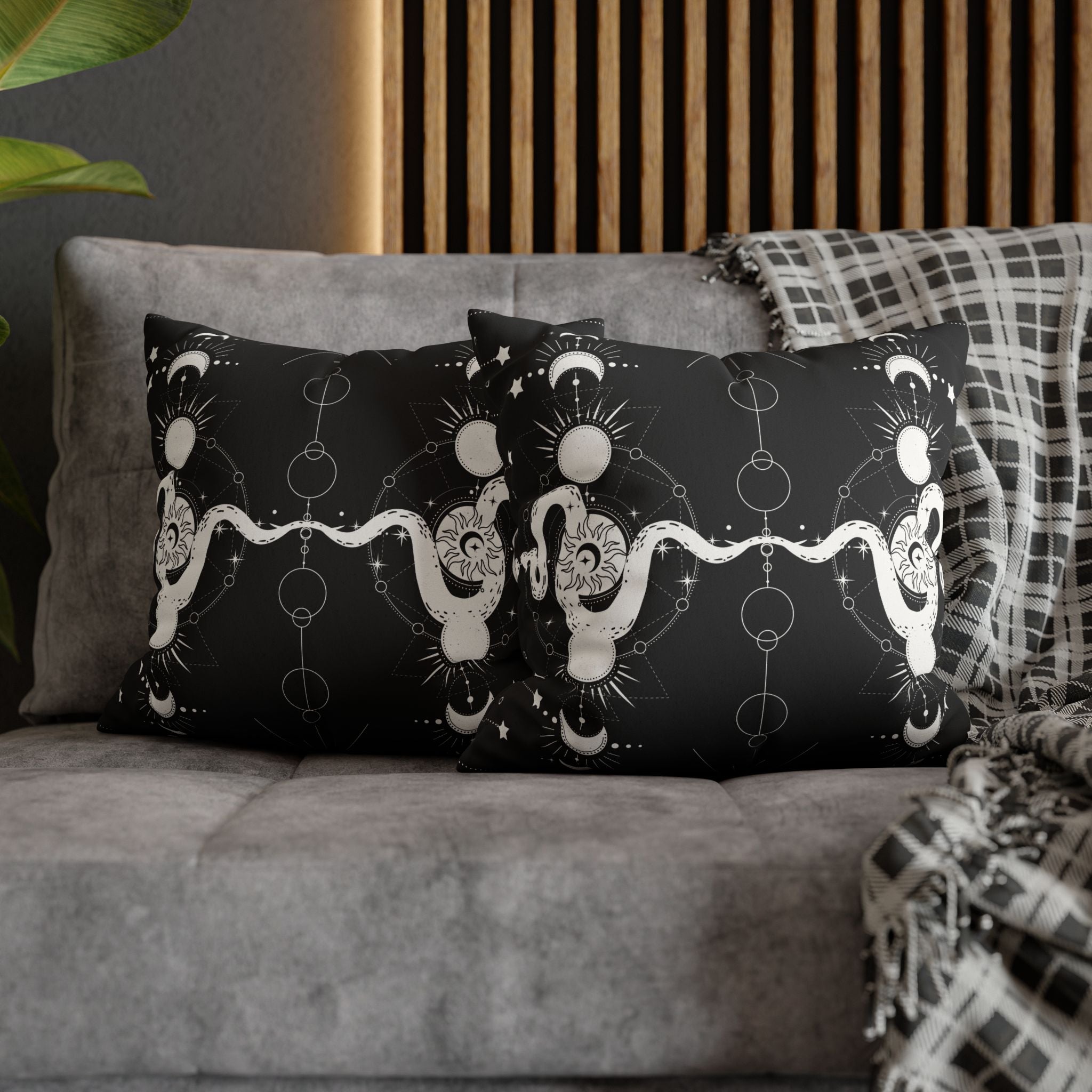 Celestial Snake Moon Phases Throw Pillow — Witchy Gothic Dark Home Decor