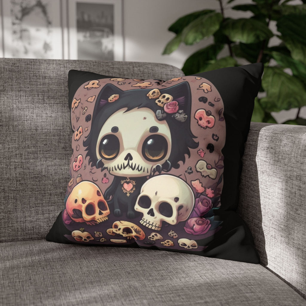 Gothic Skull Face Cat Throw Pillow — Creepy Cute Pastel Goth Home Decor