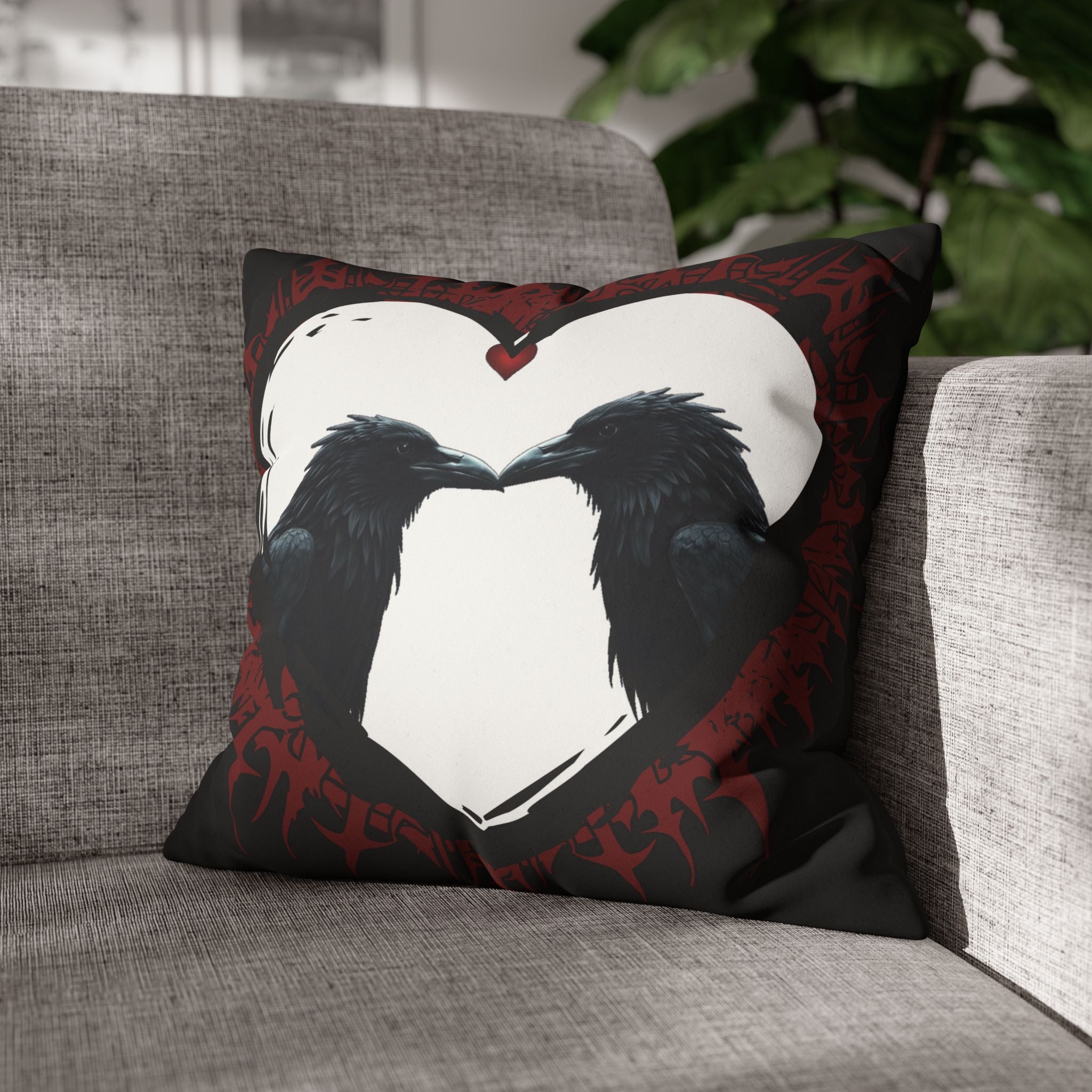 Gothic Ravens Love Heart Throw Pillow — Dark Valentine Gothic Home Decor