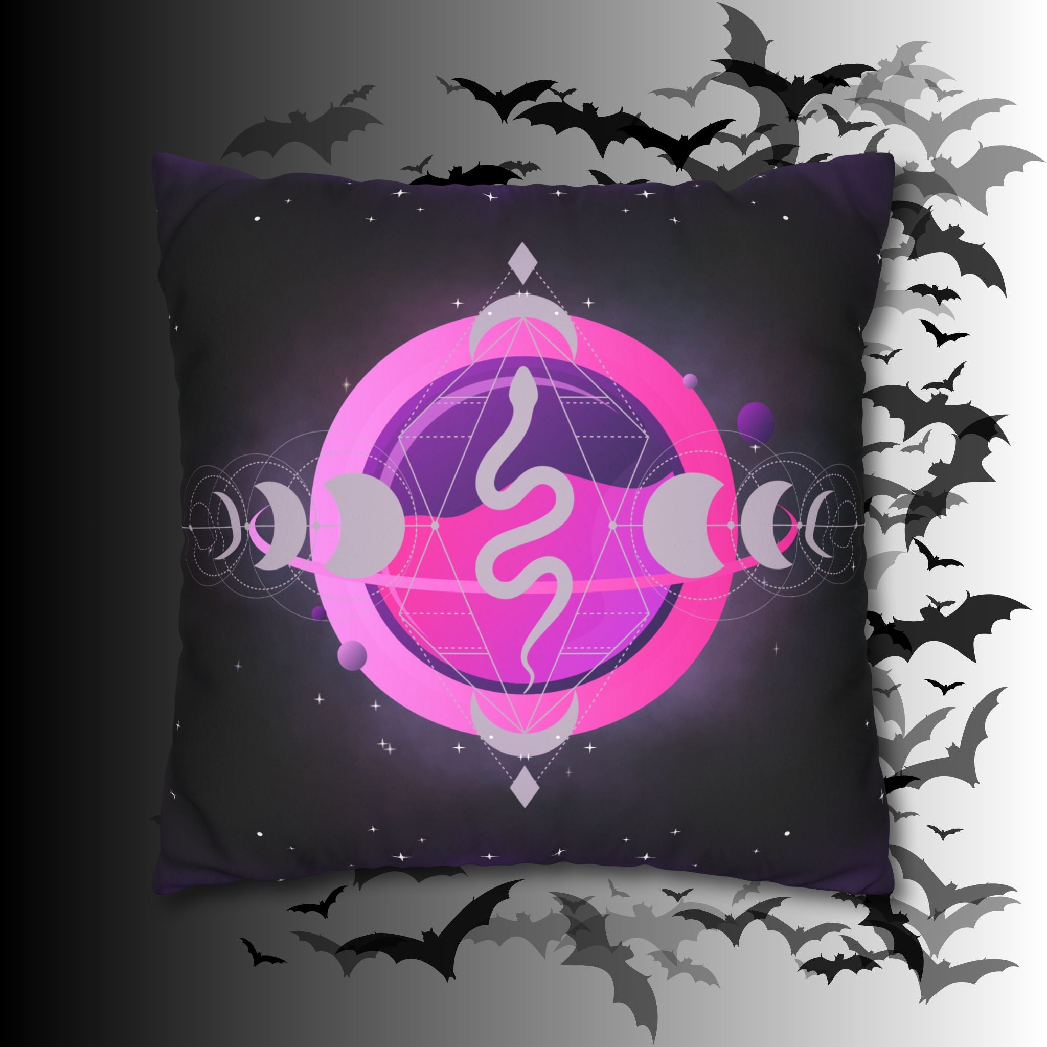 Pastel Goth Celestial Snake Moon Phases Throw Pillow — Witchy Dark Home Decor