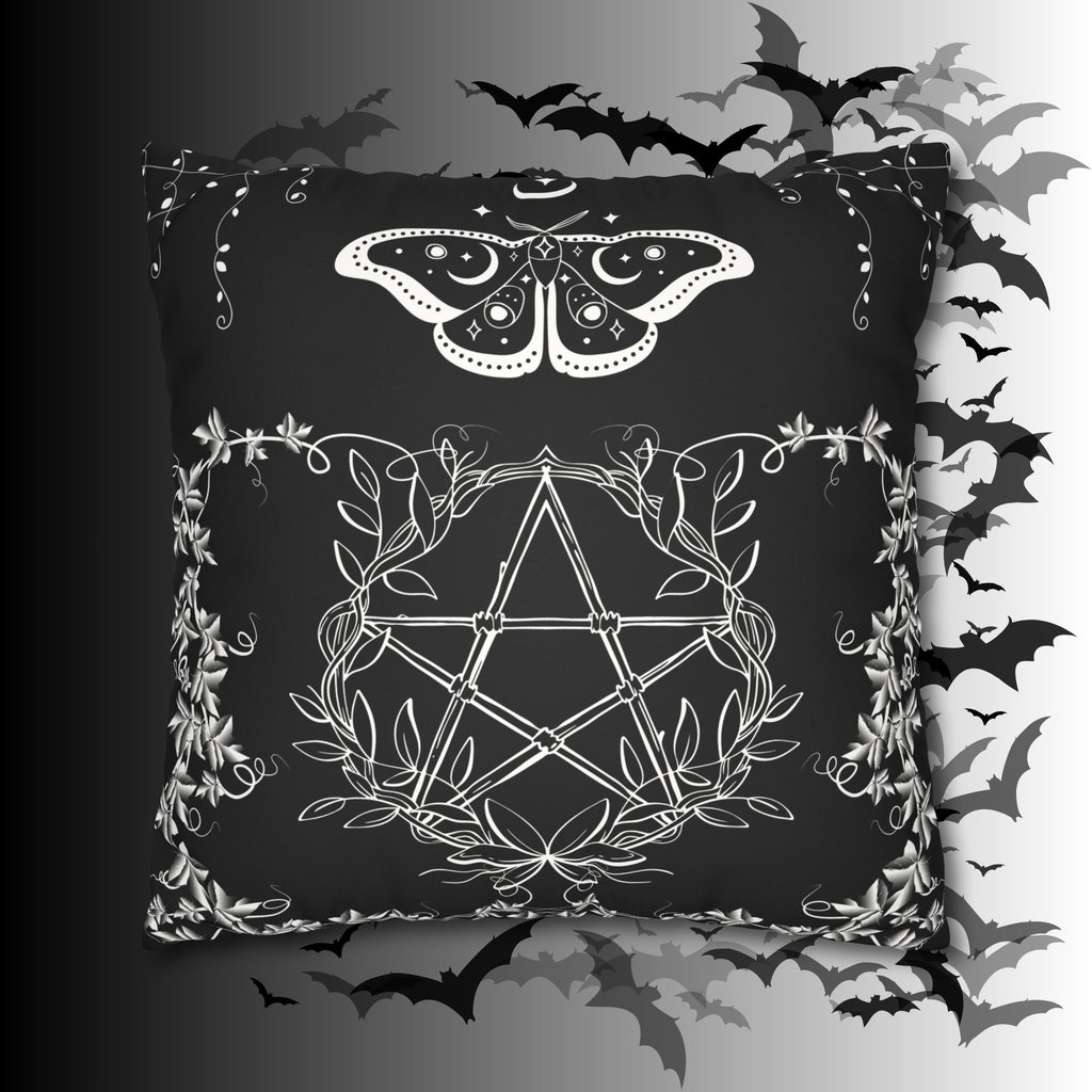 Witchy Moth Pentagram Throw Pillow — Botanical Gothic Dark Home Decor