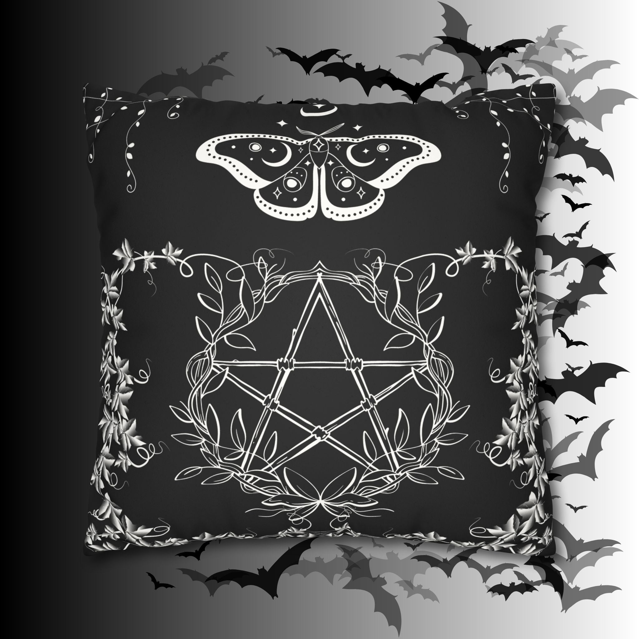 Witchy Moth Pentagram Throw Pillow — Botanical Gothic Dark Home Decor