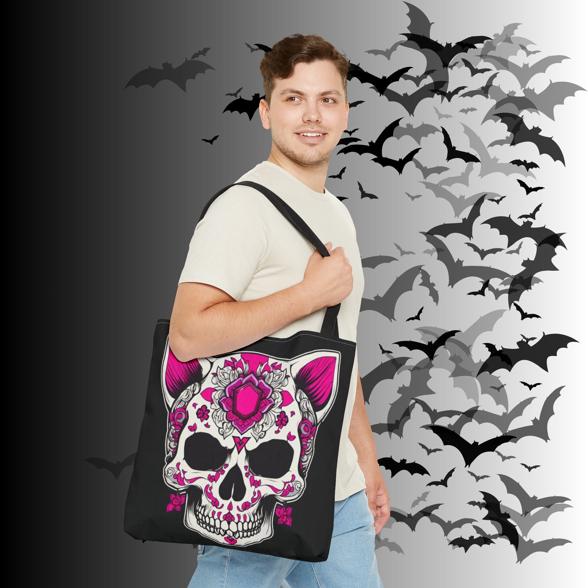 Pink Sugar Skull Cat Tote Bag — Day of the Dead Floral Design
