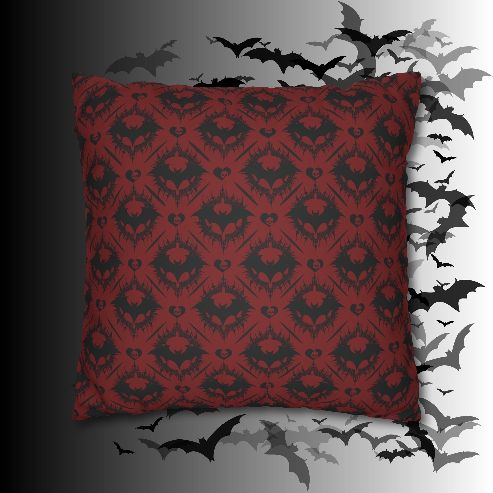 Gothic Bat Diamond Pattern Throw Pillow — Dark Red Damask Home Decor