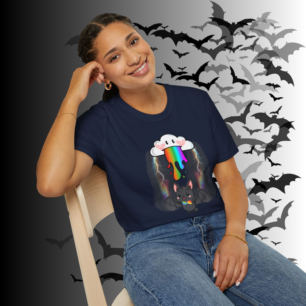 Rainbow Vomit Cloud Bat T-Shirt — Kawaii Goth Pride Unisex Tee