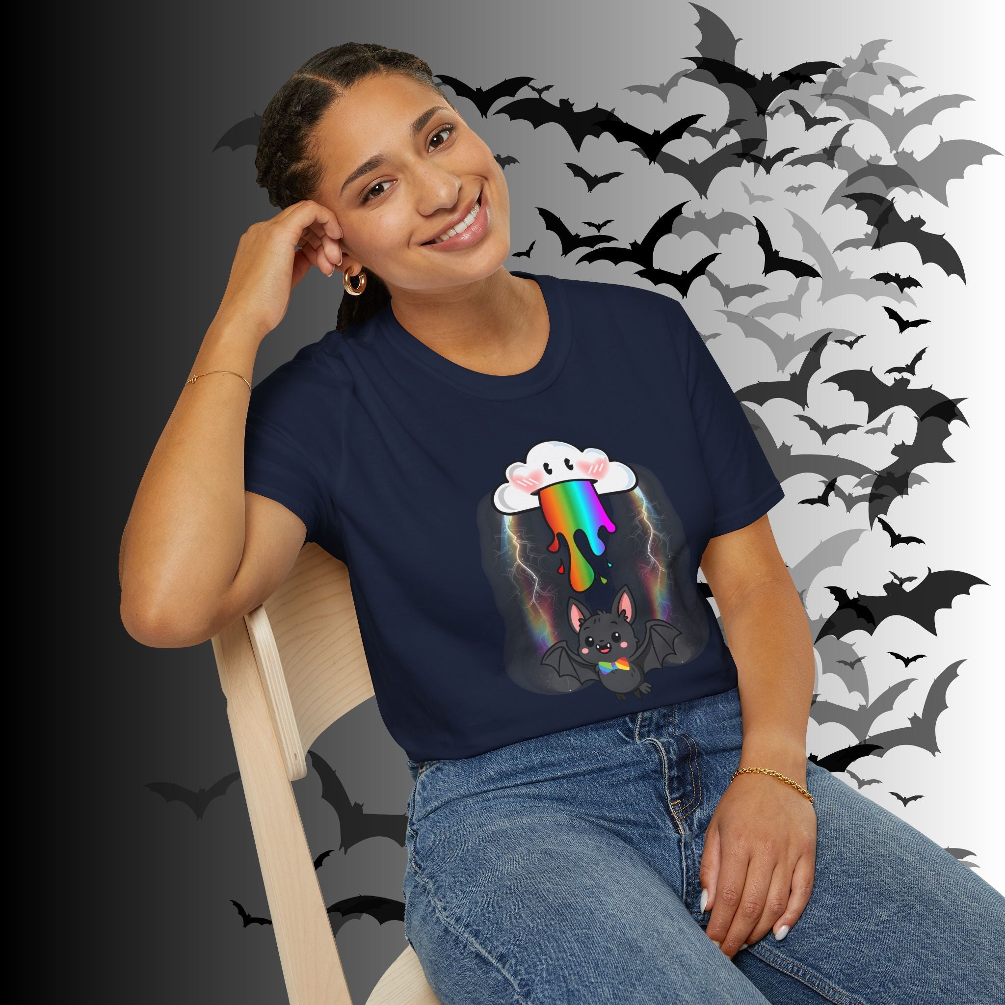 Rainbow Vomit Cloud Bat T-Shirt — Kawaii Goth Pride Unisex Tee