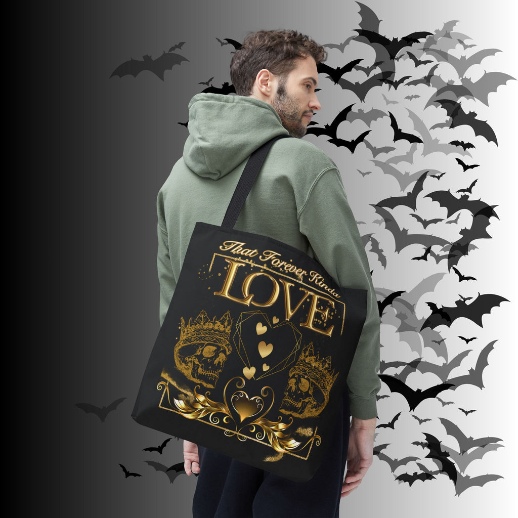 "That Forever Kinda Love" Gothic Skull Crown Tote Bag — Dark Romance Gold Print