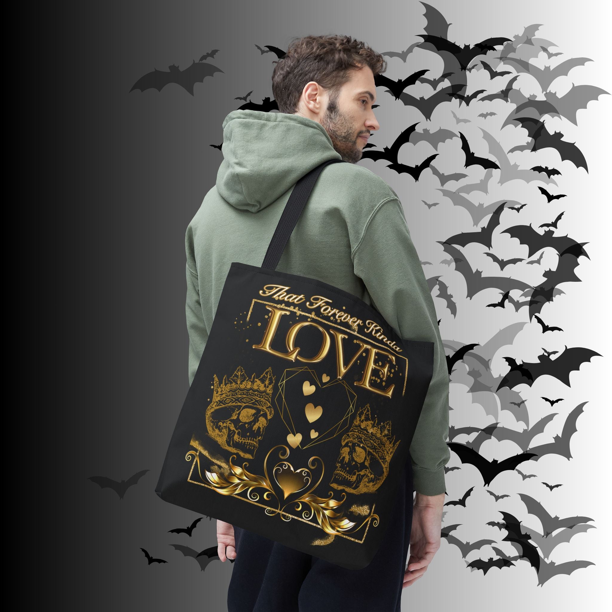 "That Forever Kinda Love" Gothic Skull Crown Tote Bag — Dark Romance Gold Print