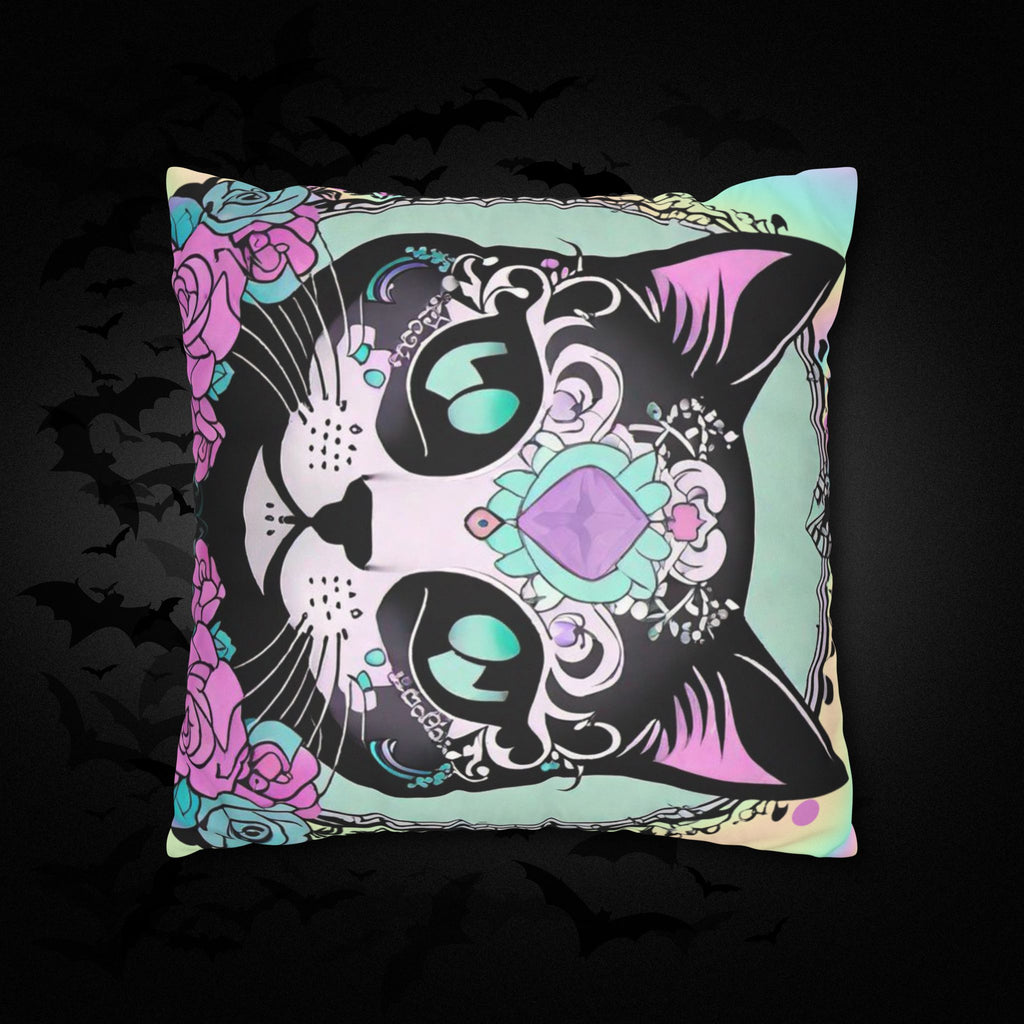 Pastel Goth Sugar Skull Cat Throw Pillow — Floral Gothic Home Decor
