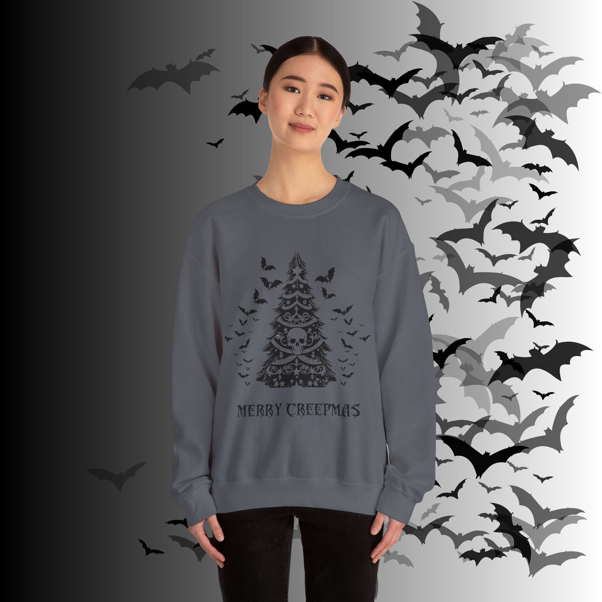 Merry Creepmas Tree Crewneck Sweatshirt — Gothic Christmas Skull Bat