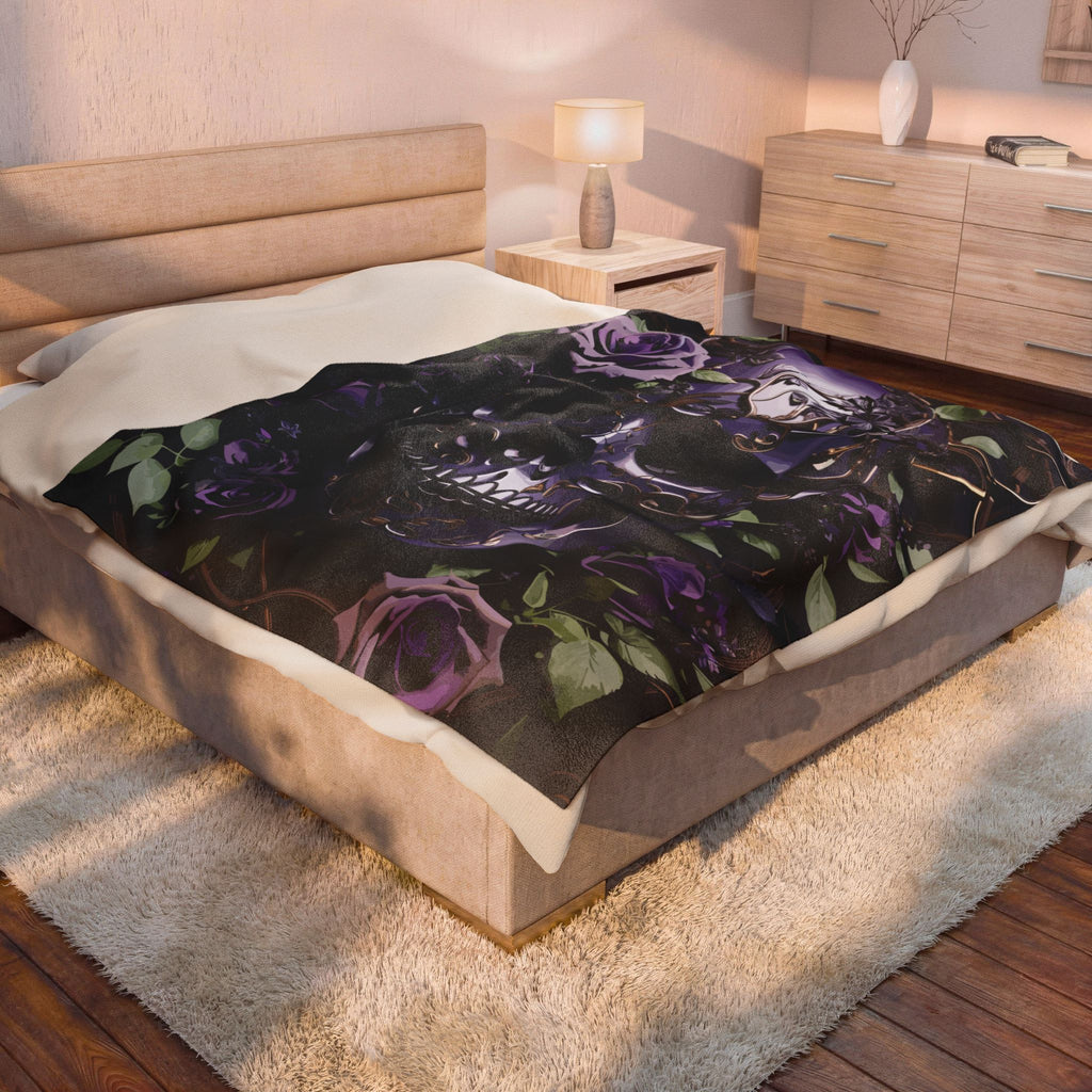 Gothic Black & Purple Botanical Skull Throw Blanket — Dark Floral Home Decor