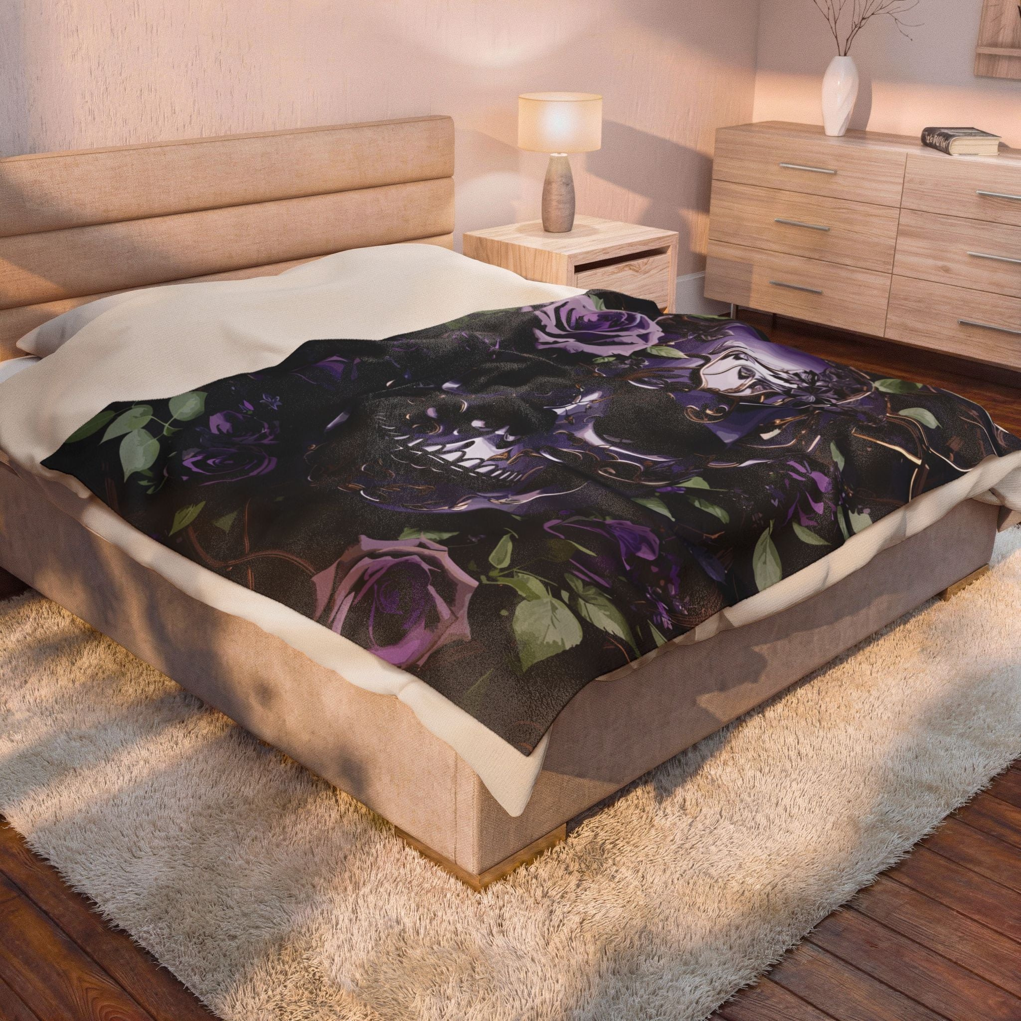 Gothic Black & Purple Botanical Skull Throw Blanket — Dark Floral Home Decor
