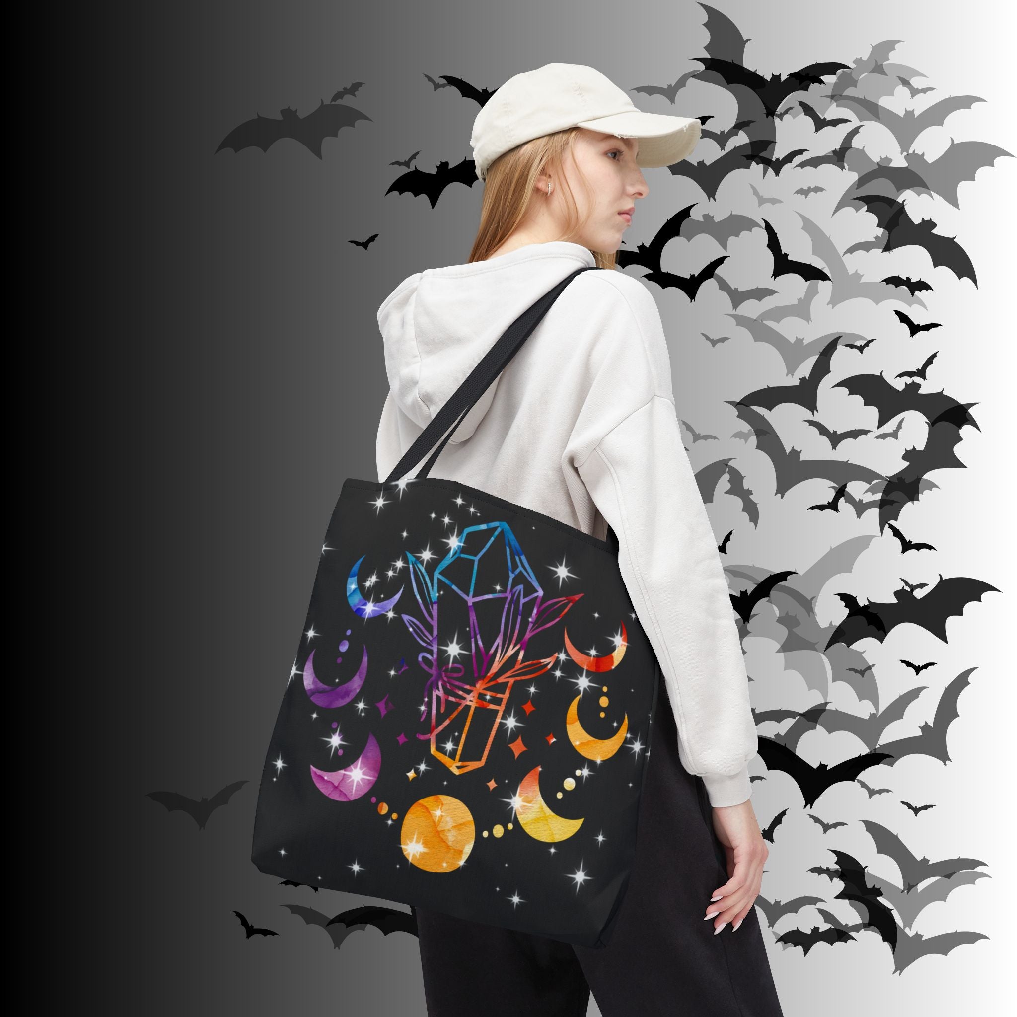 Rainbow Crystal Moon Phase Tote Bag — Celestial Witchy Print