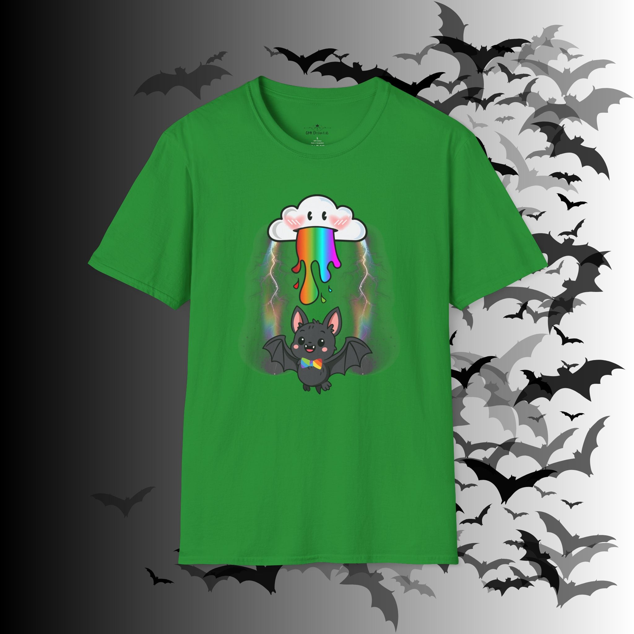 Rainbow Vomit Cloud Bat T-Shirt — Kawaii Goth Pride Unisex Tee