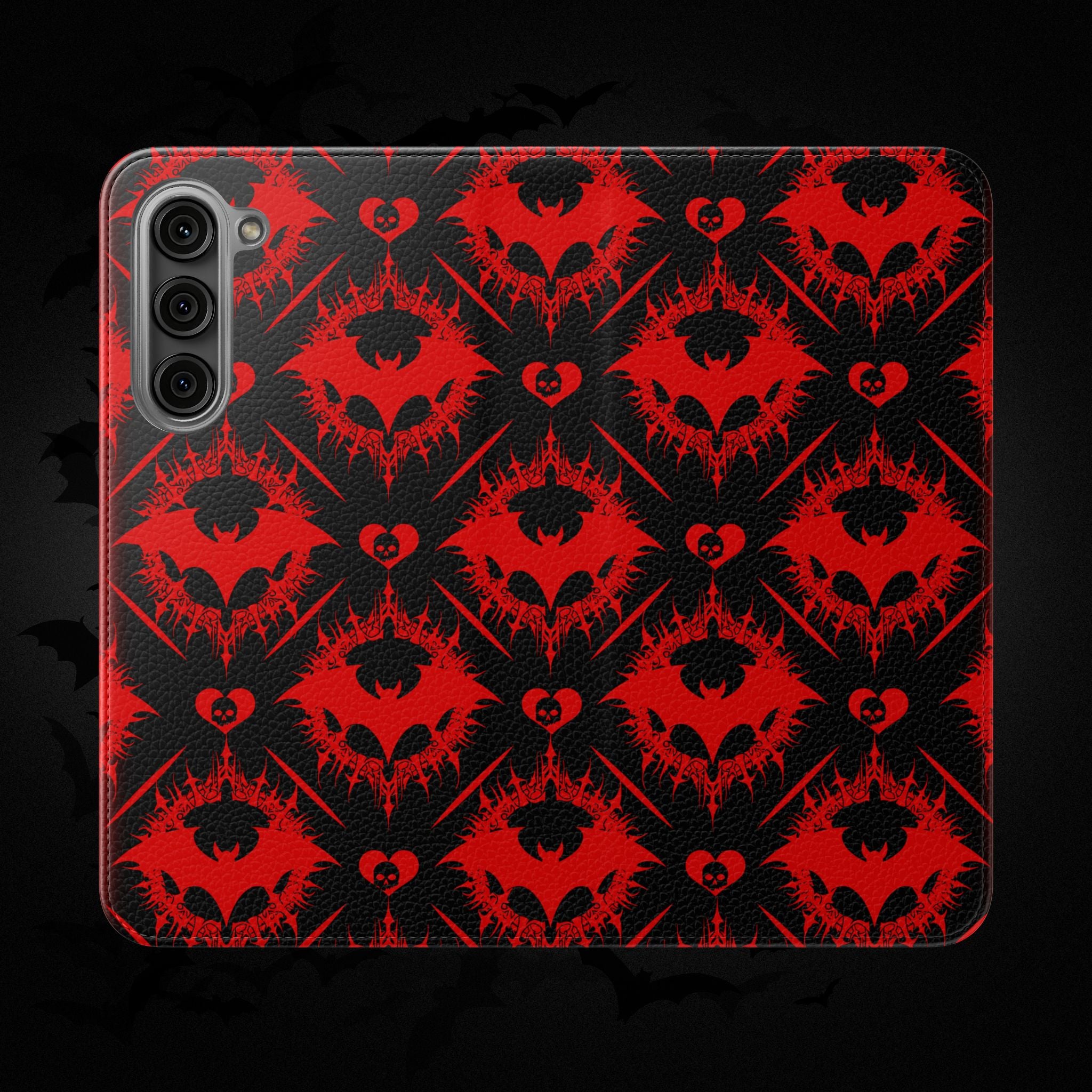 Gothic Bat Wallet Flip Case - Elegant Goth Phone Wallet - Bat Pattern Flip Case - Gothic Phone Case - Stylish Wallet Phone Case