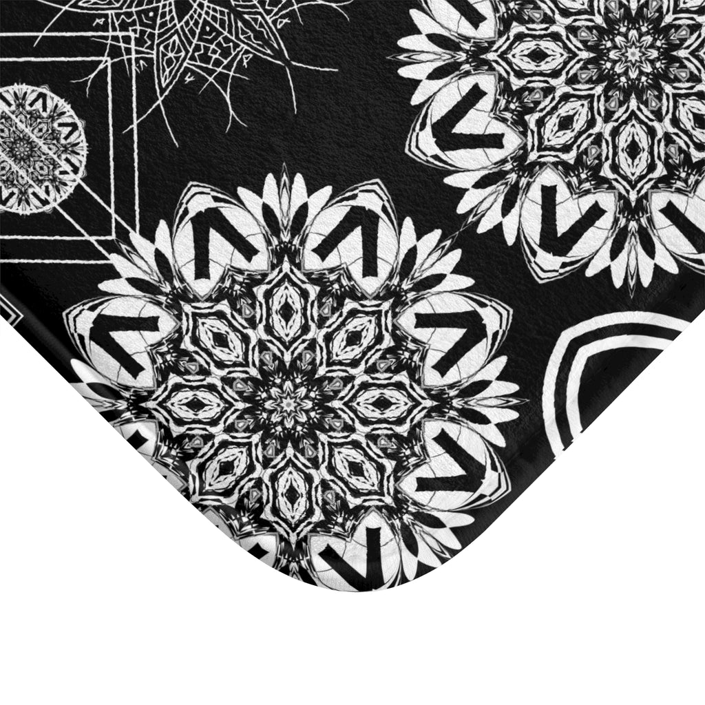 Sacred Geometry Bath Mat — Mystical Black & White Mandala Bathroom Decor