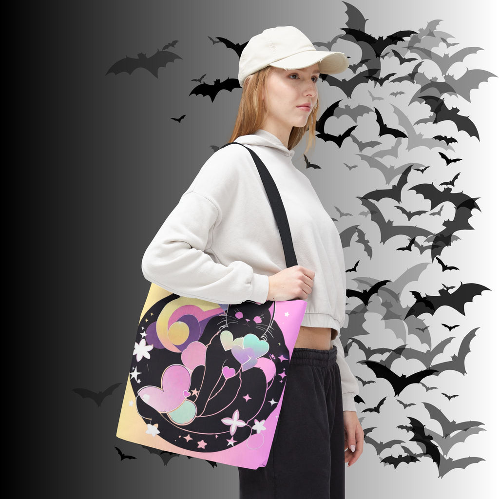 Pastel Goth Black Cat Heart Balloon Tote Bag — Kawaii Moon Print
