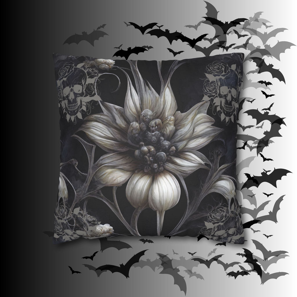 Gothic Skull Botanical Sunflower Throw Pillow — Dark Floral Home Decor