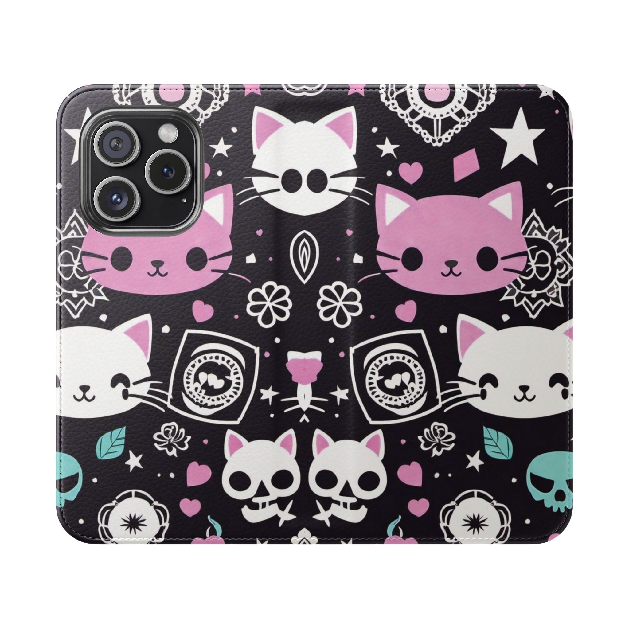 Pastel Goth Cat Flip Wallet Phone Case - Goth Cat Wallet Case for Samsung iPhone - Gothic Style Cats Wallet Phone Cases