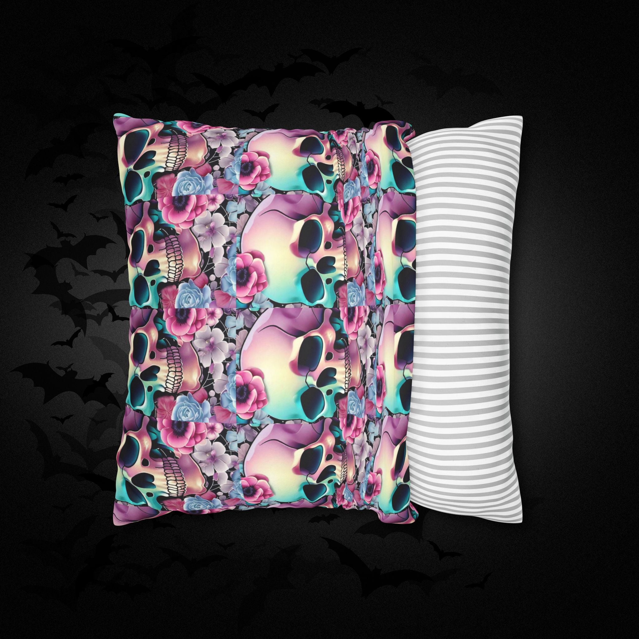 Pastel Goth Floral Skull Throw Pillow — Dark Floral Emo Home Decor