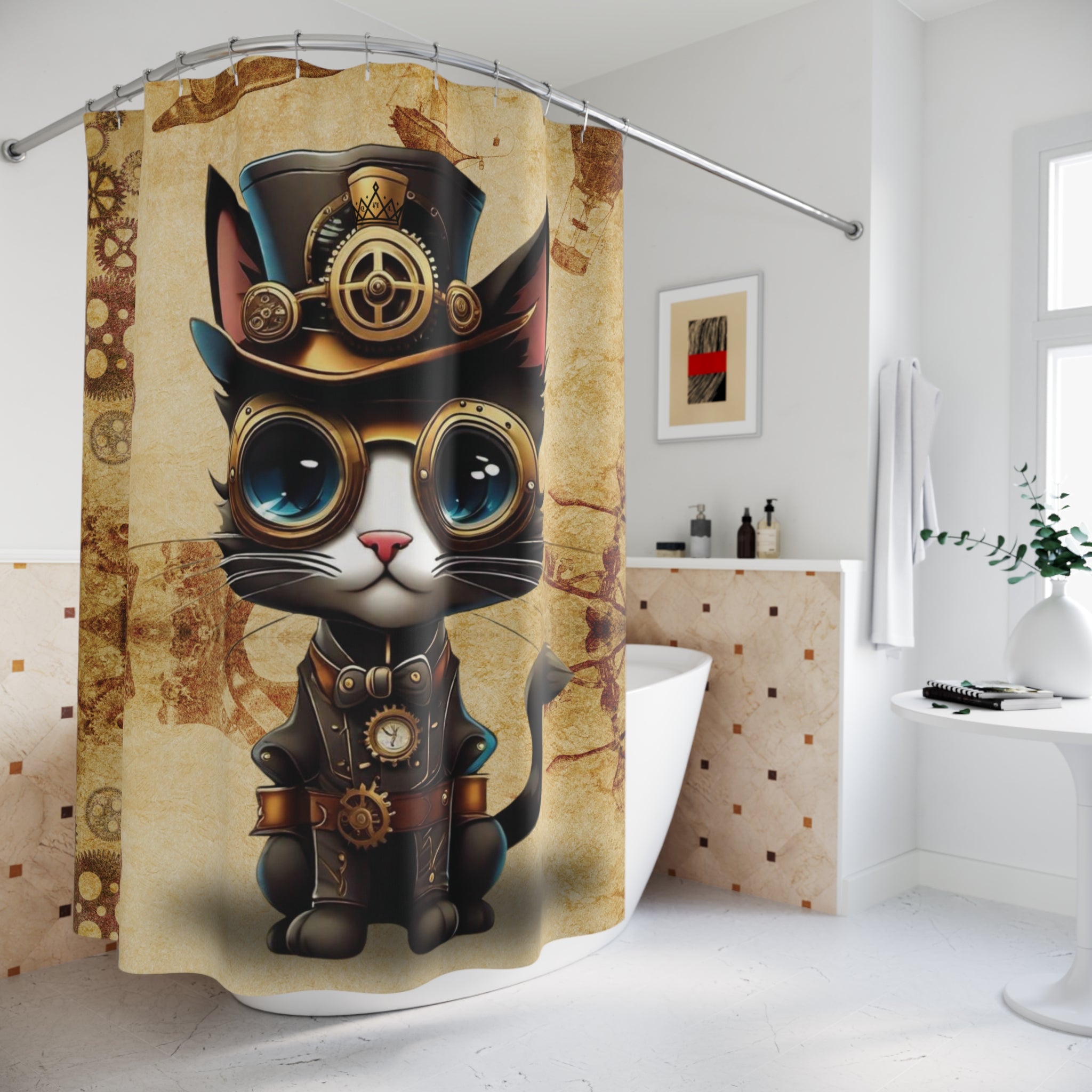 Steampunk Cat Shower Curtain — Vintage Industrial Bathroom Decor