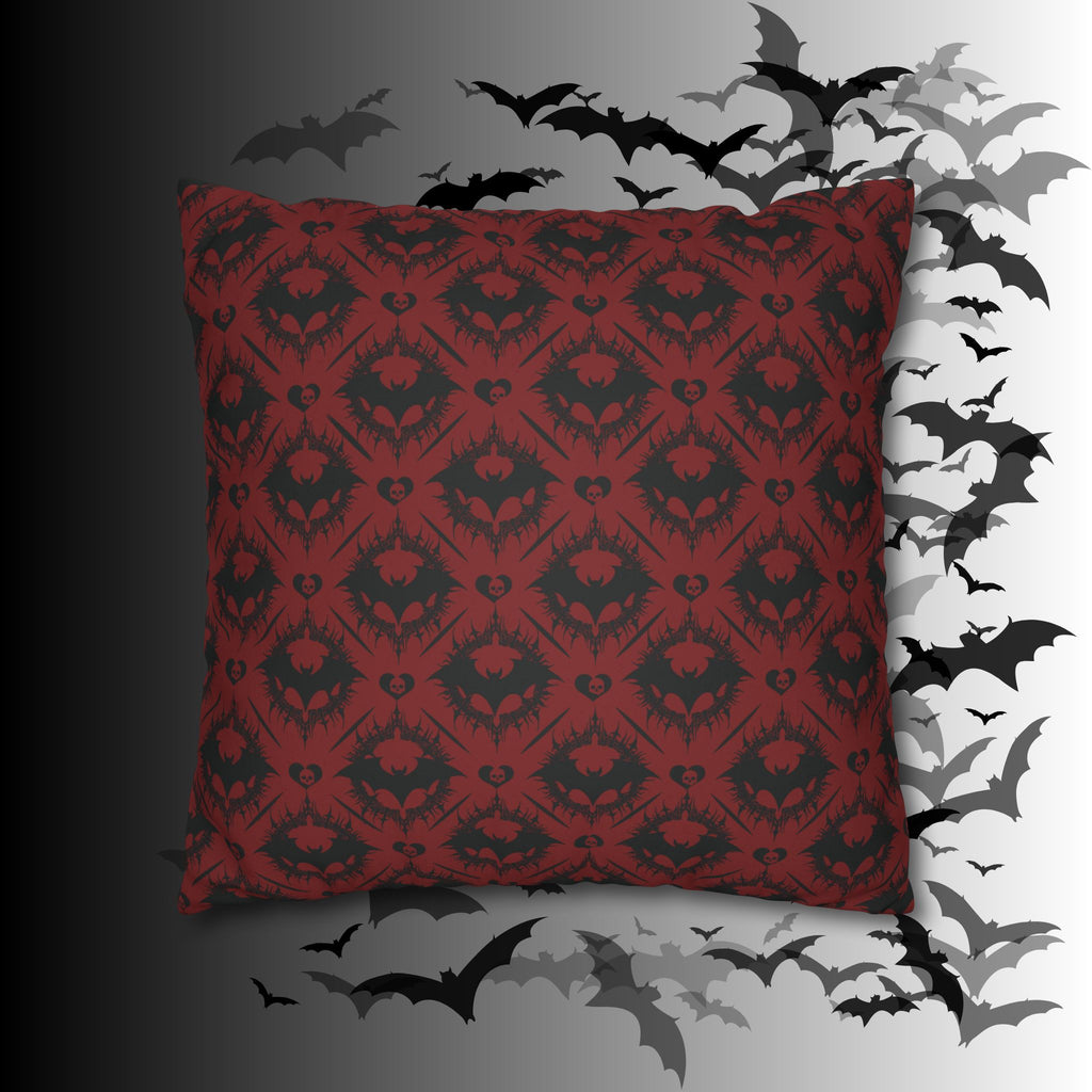 Gothic Bat Diamond Pattern Throw Pillow — Dark Red Damask Home Decor